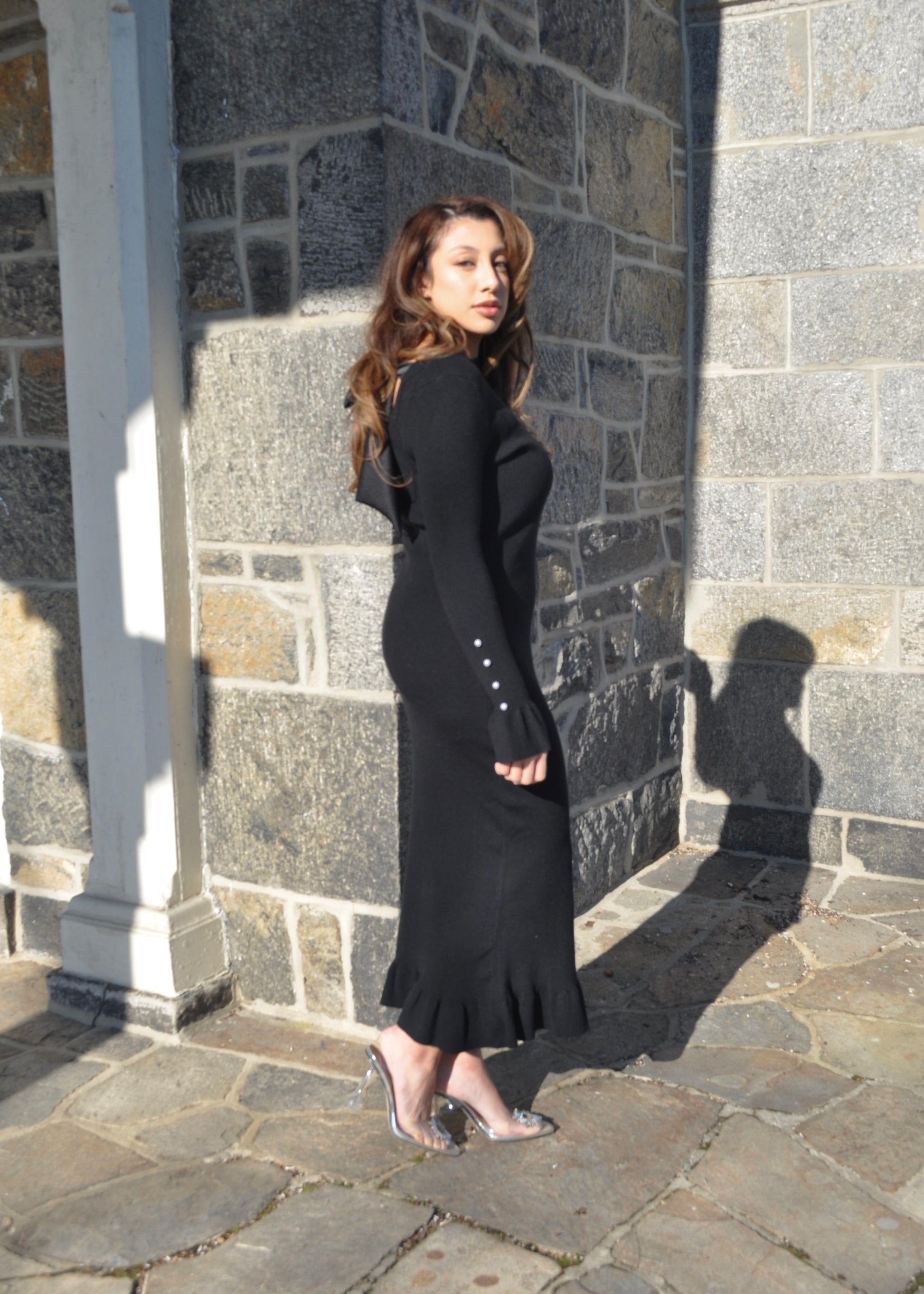 long sleeve ribbed maxi black dress