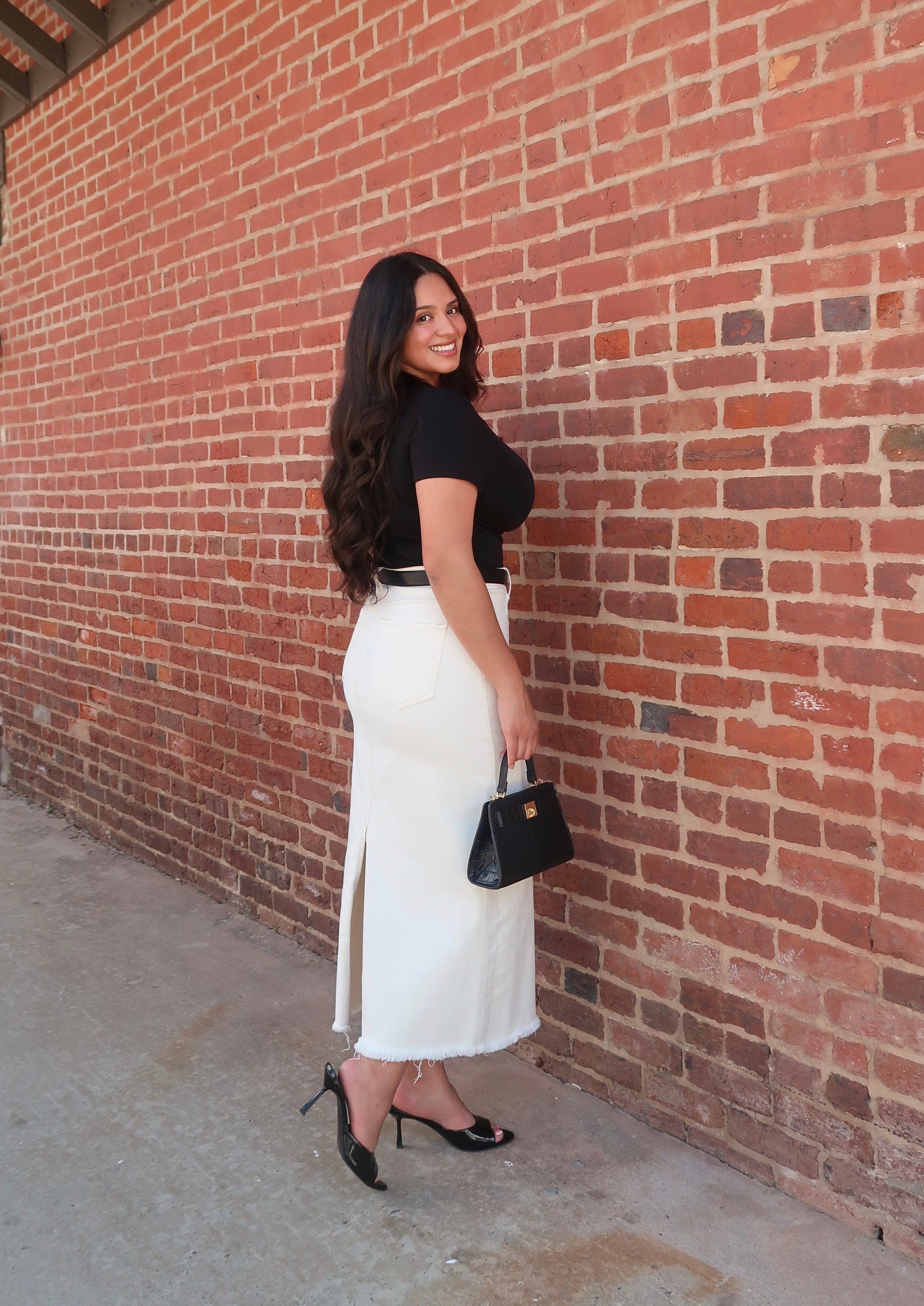 cream off white denim maxi skirt back slit hem