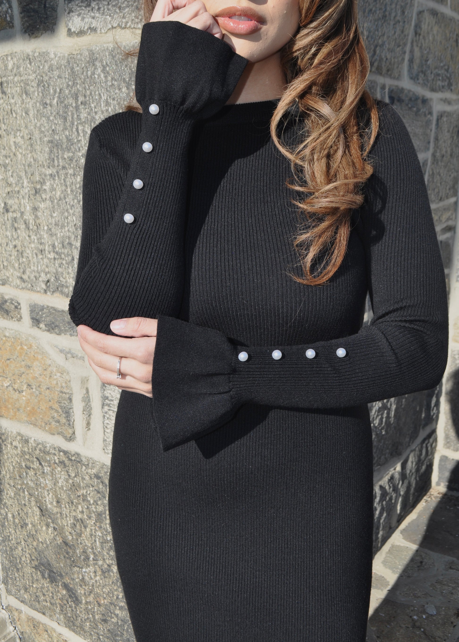 long sleeve ribbed maxi black dress