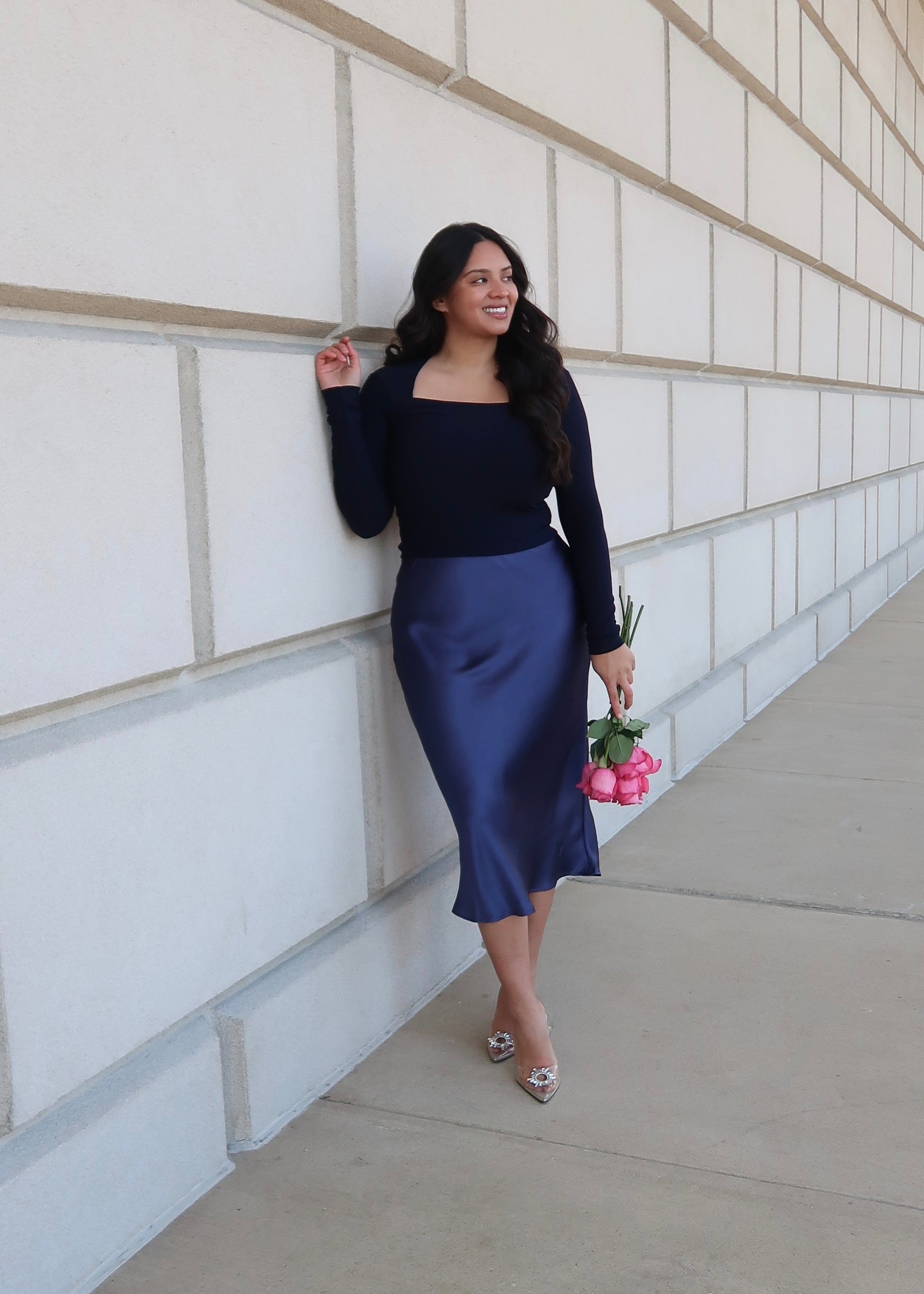 dusty blue satin midi skirt 