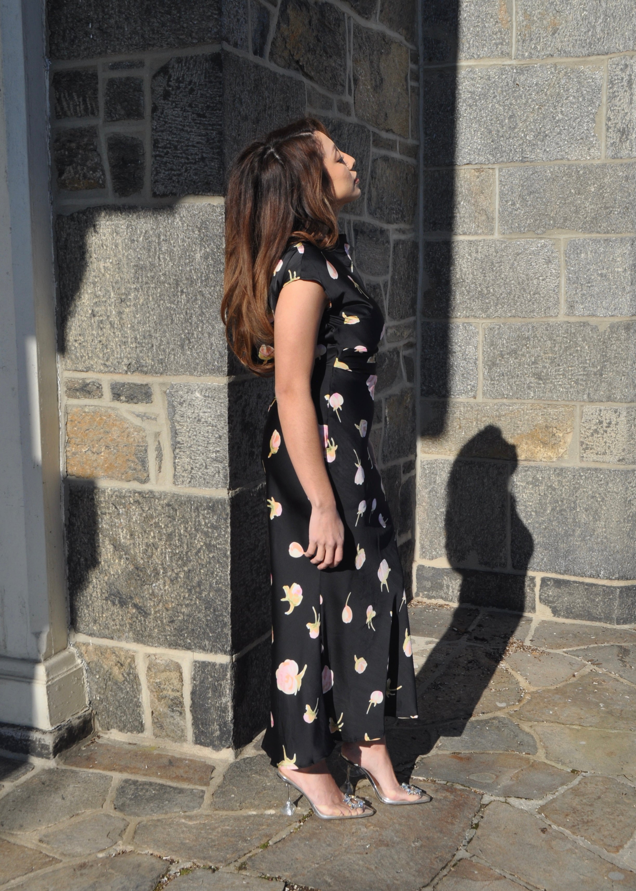 black and pink floral maxi satin dress, short sleeve, tie in the back, open back cowl neckline