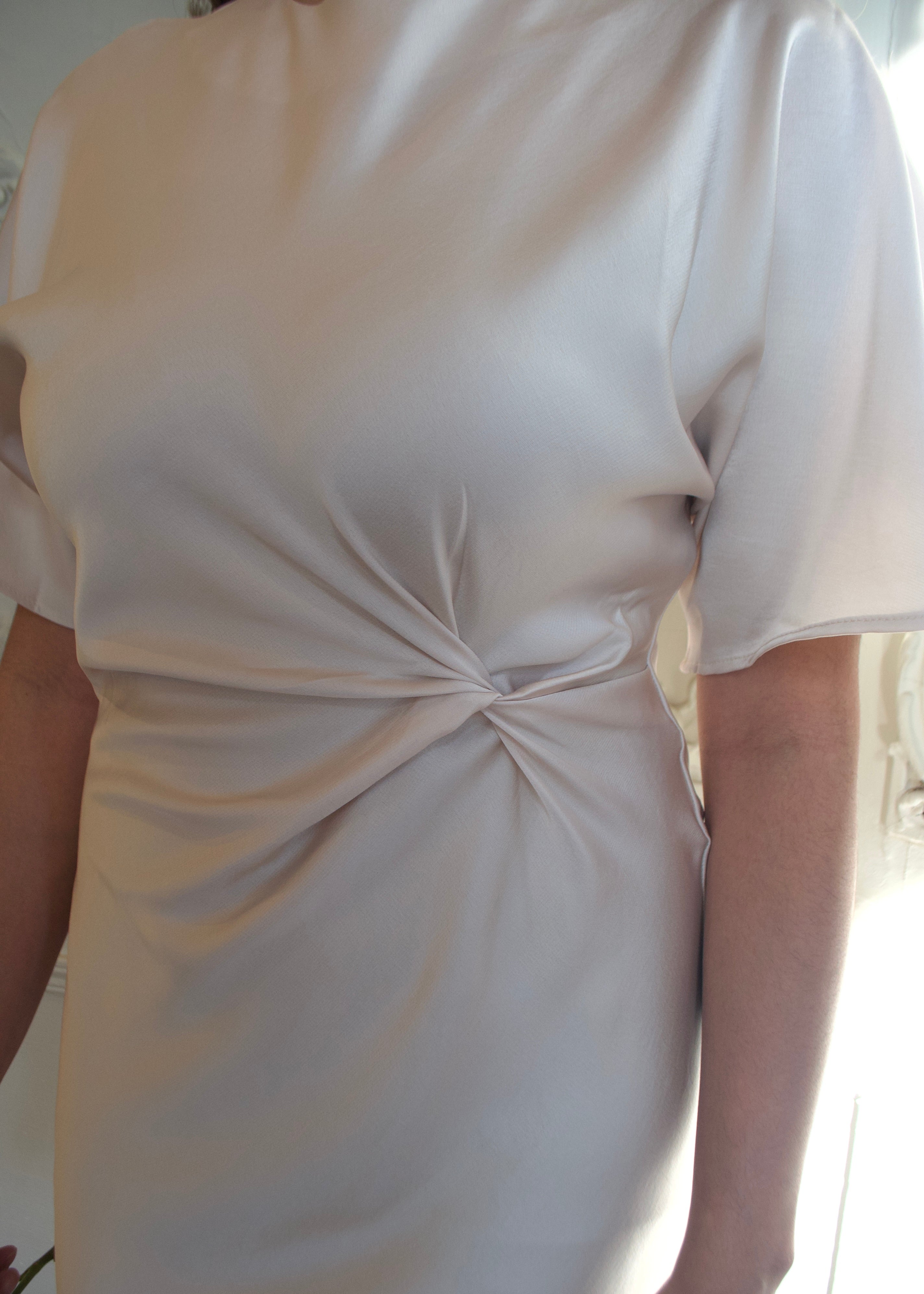 cream colored short sleeve maxi satin dress 