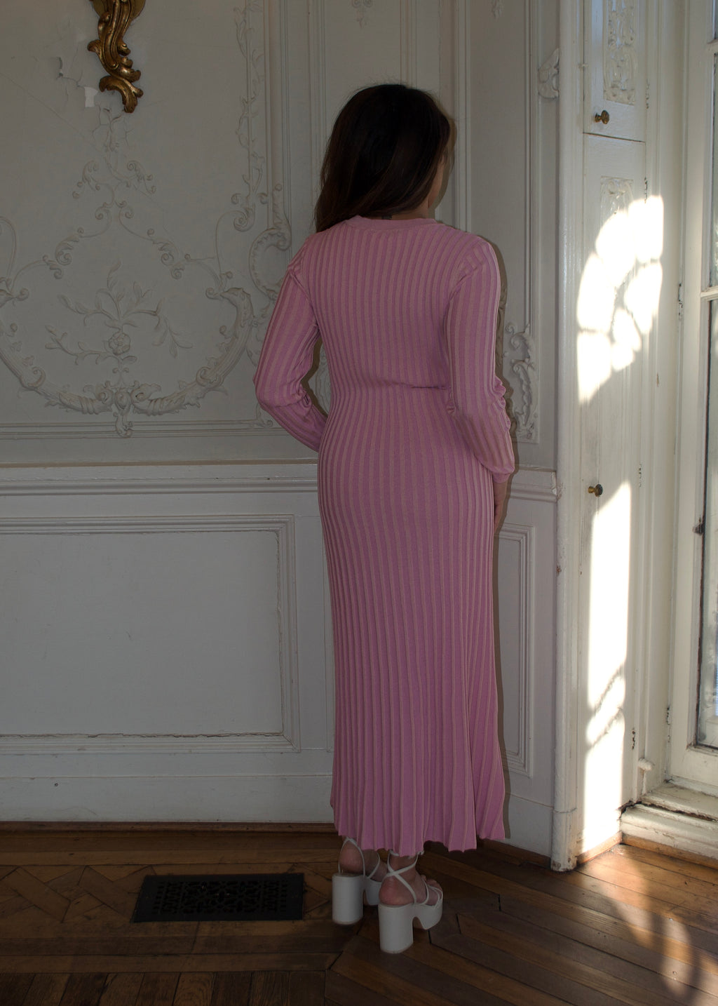 pink maxi long sleeve ribbed dress