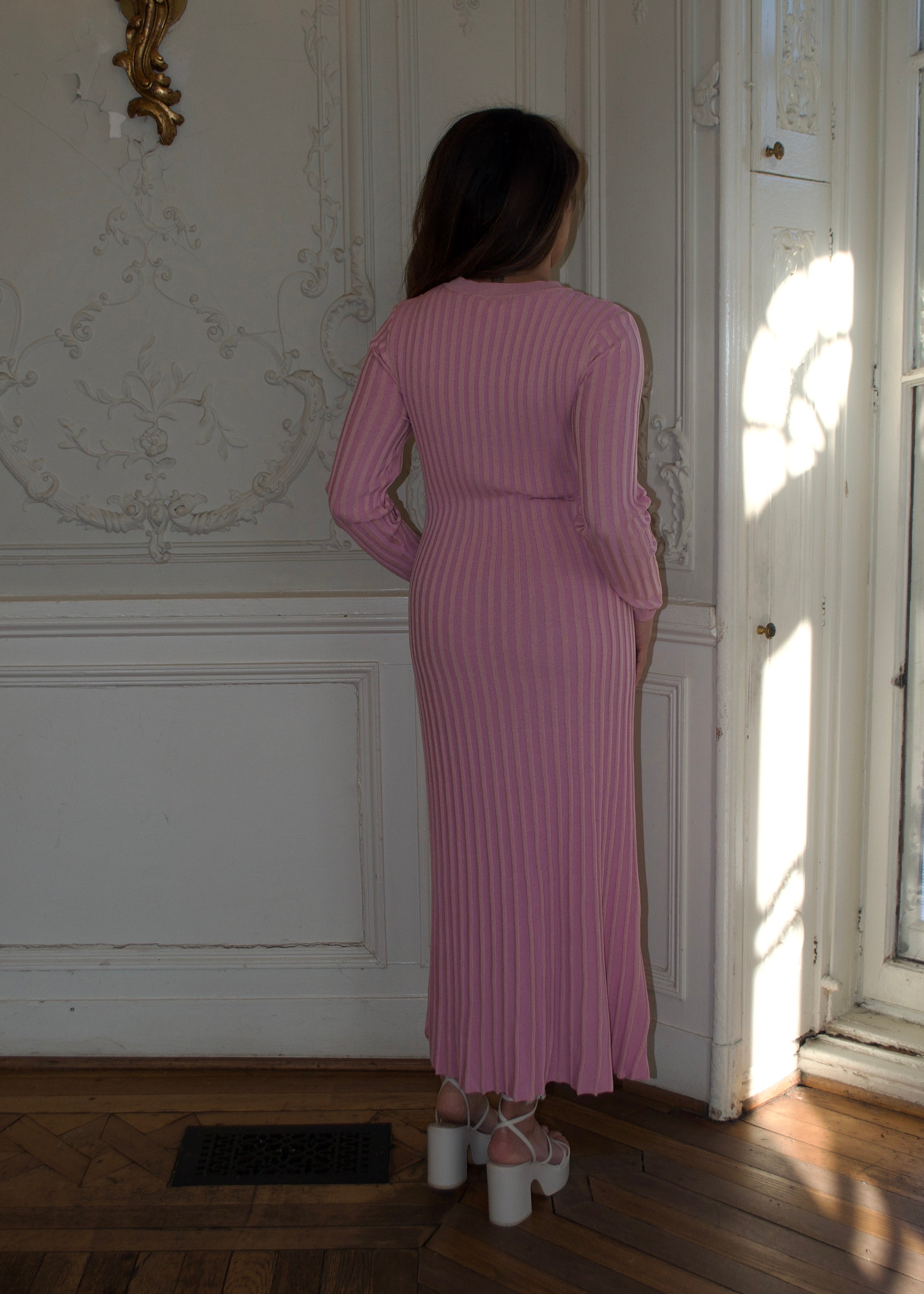 pink maxi long sleeve ribbed dress