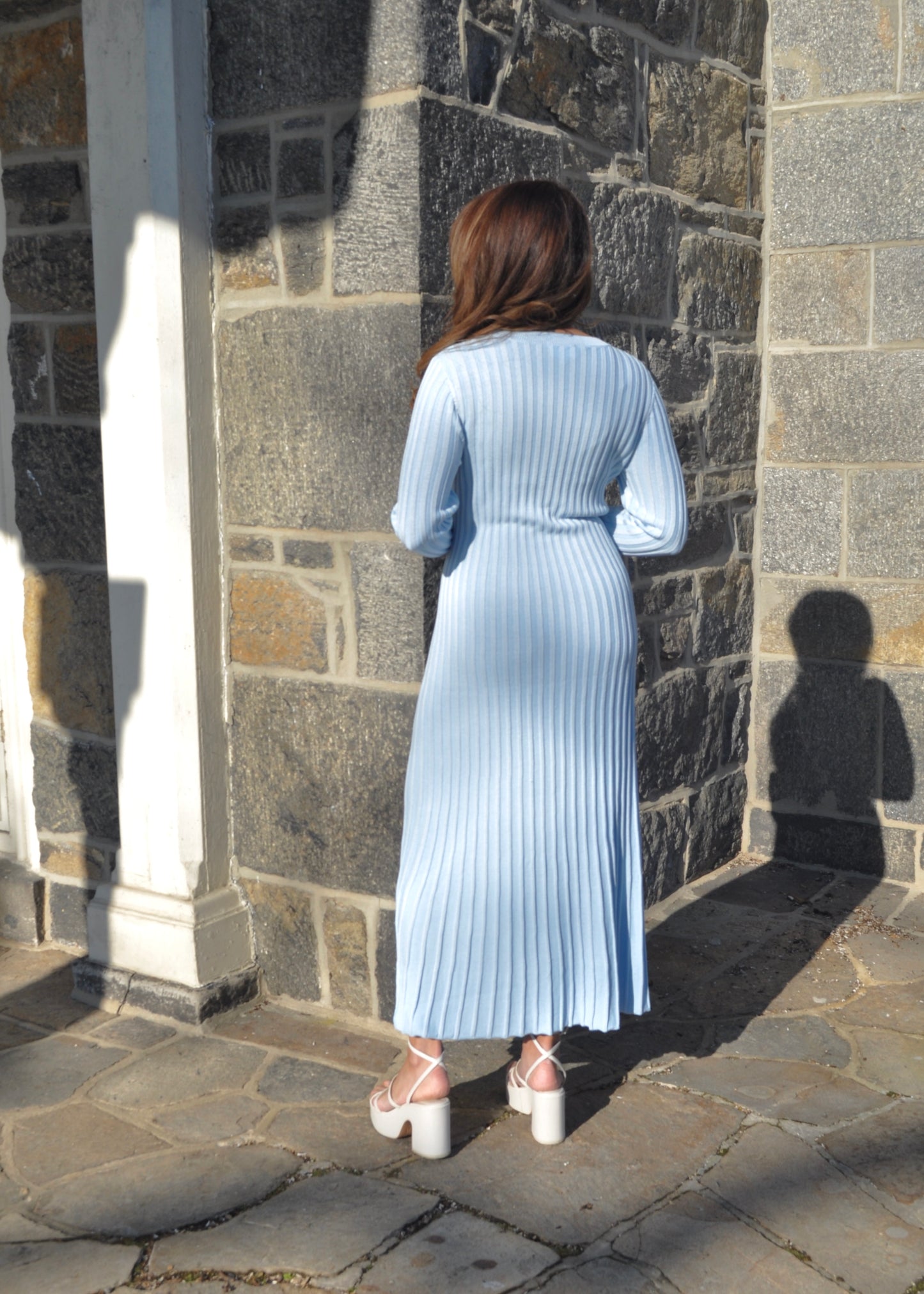 long sleeve ribbed maxi sky blue dress