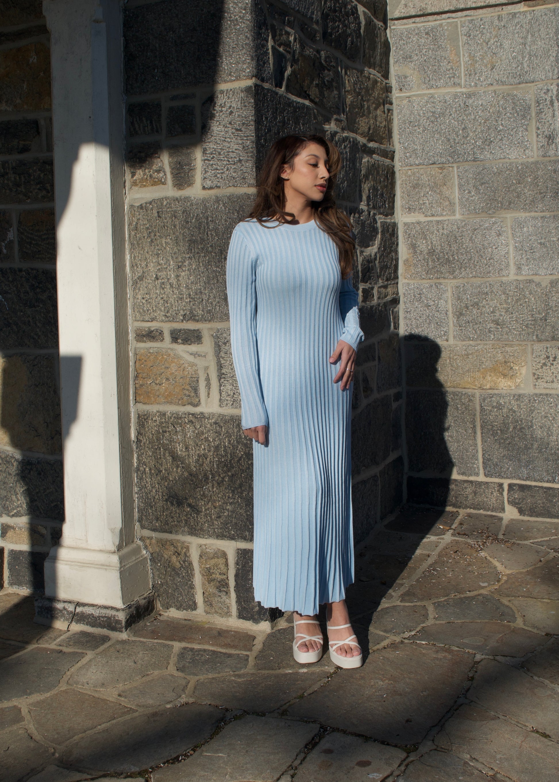 long sleeve ribbed maxi sky blue dress