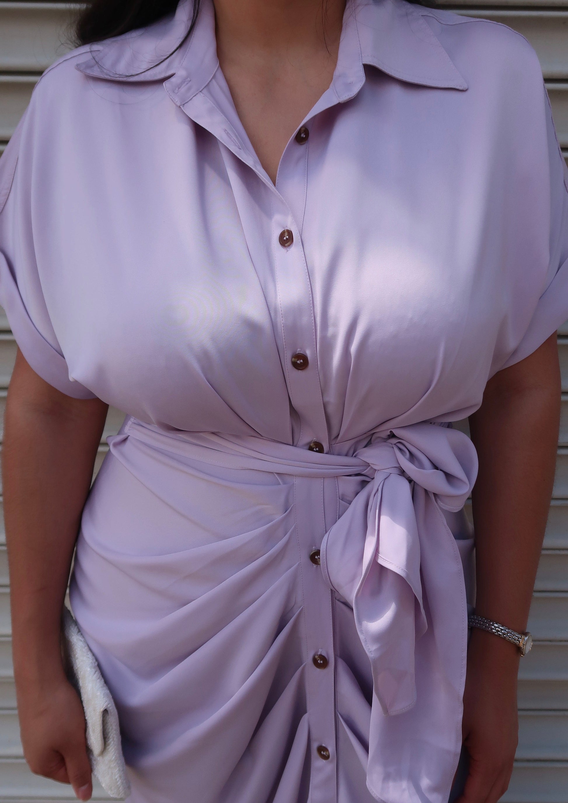 lavender lilac satin maxi dress button down short sleeve collar waist tie