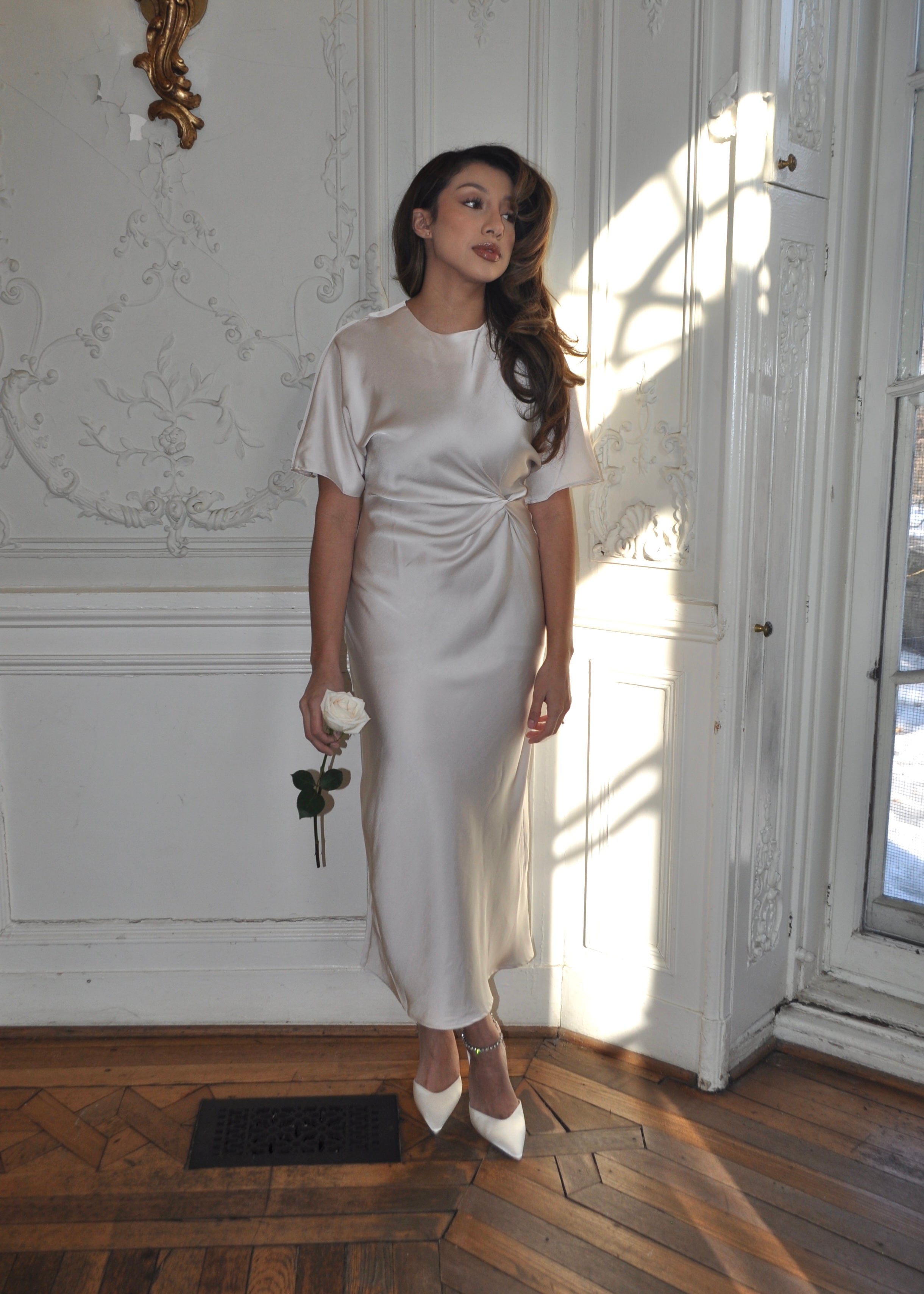 cream colored short sleeve maxi satin dress 