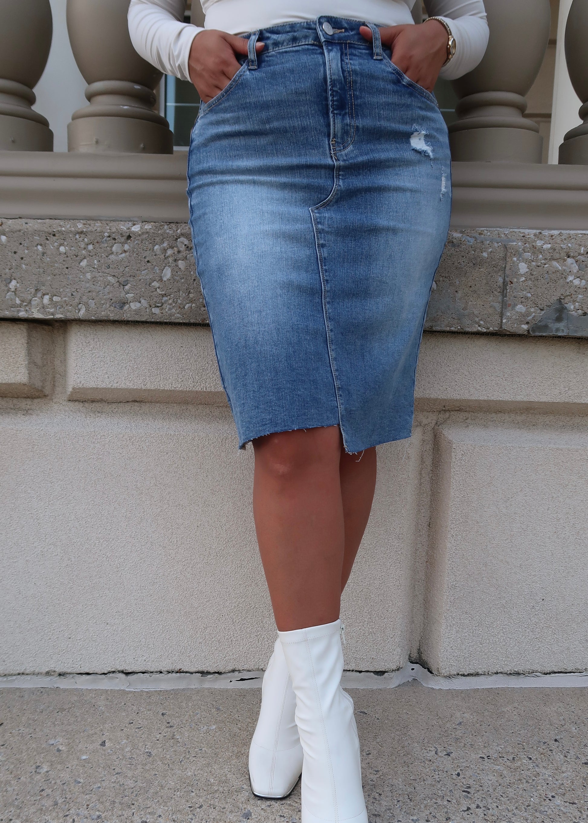 raw hem denim skirt midi length assymetrical distress detailing