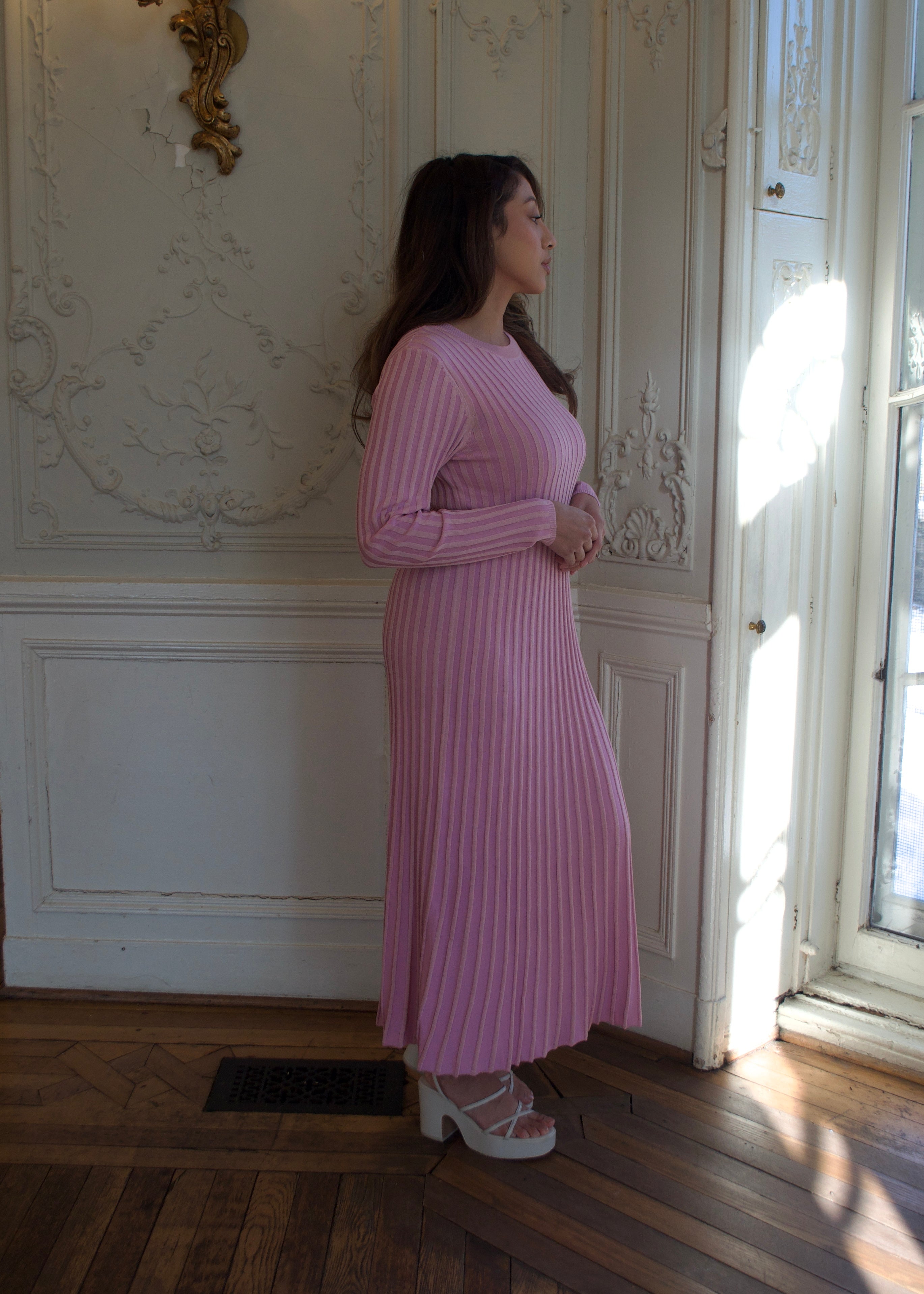 pink maxi long sleeve ribbed dress