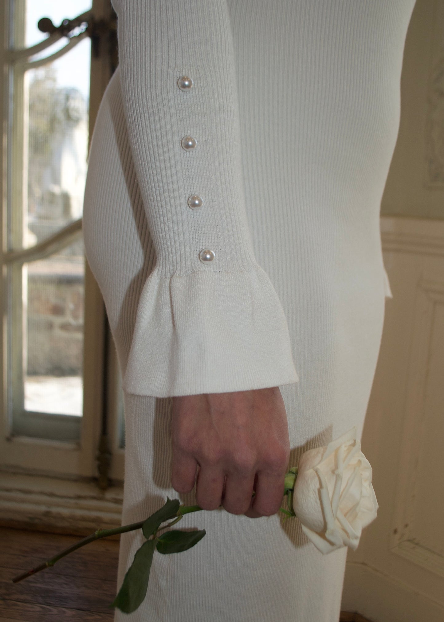 ivory white long sleeve maxi dress, ribbed, pearl, bow tie