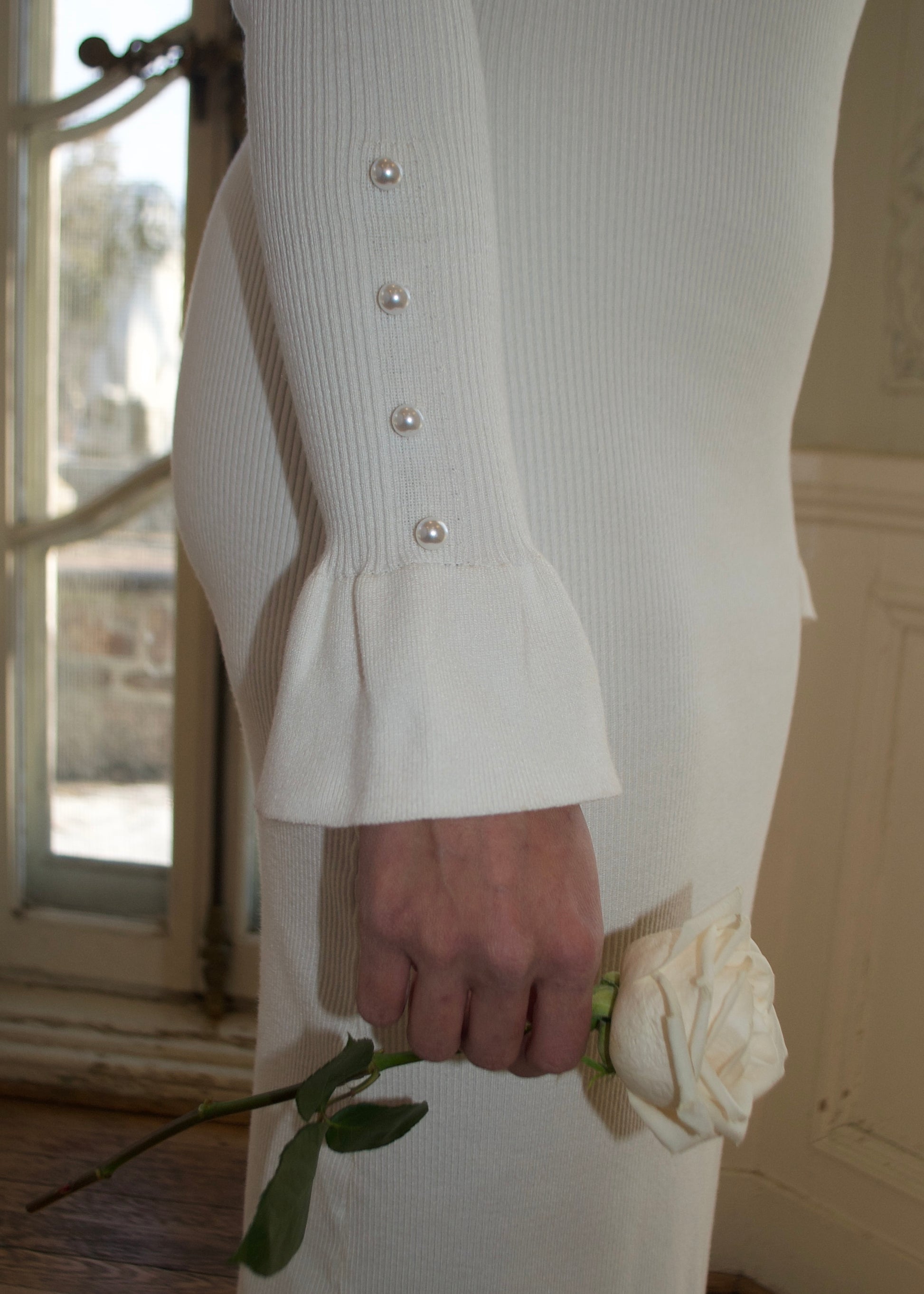 ivory white long sleeve maxi dress, ribbed, pearl, bow tie