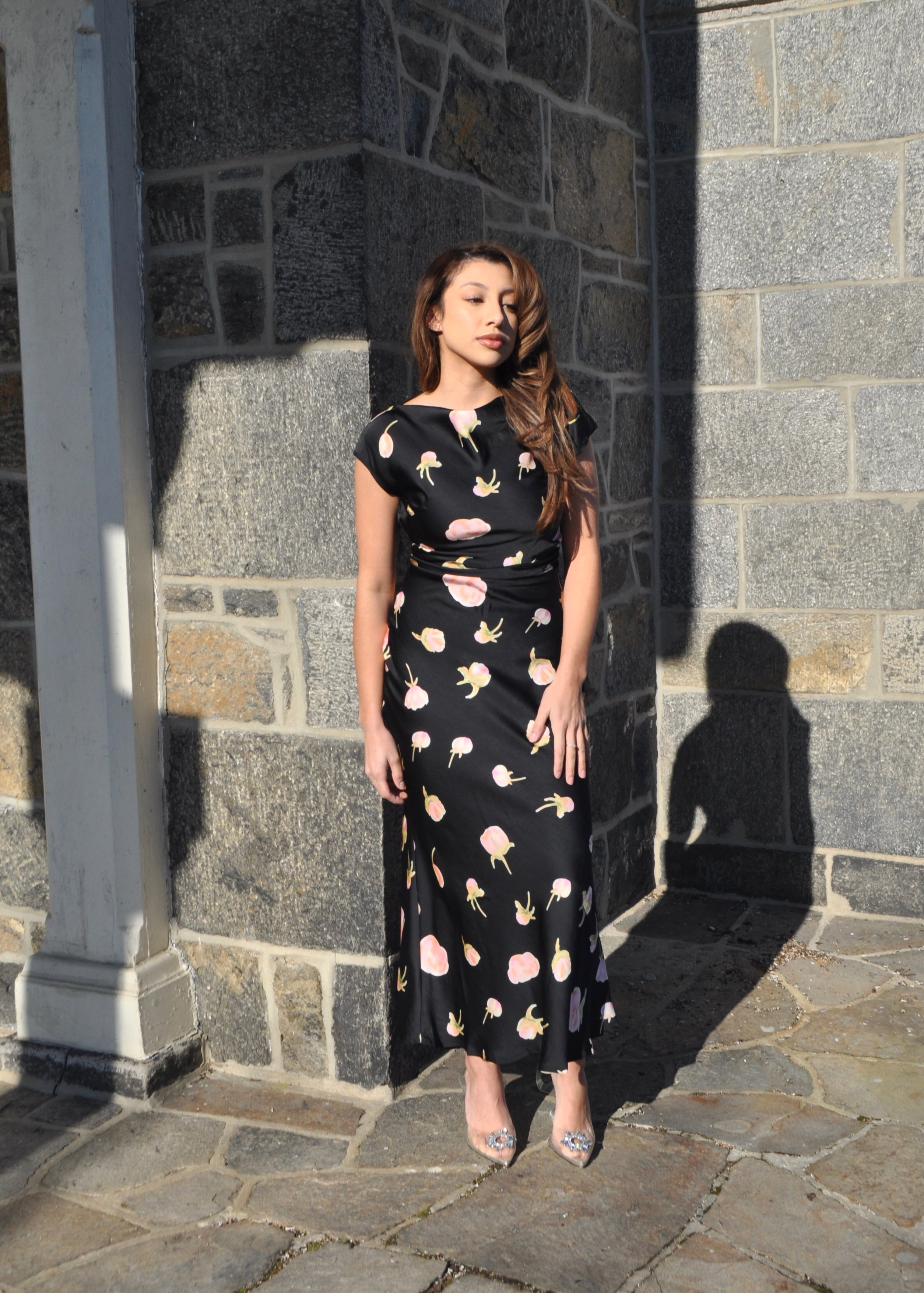 black and pink floral maxi satin dress, short sleeve, tie in the back, open back cowl neckline