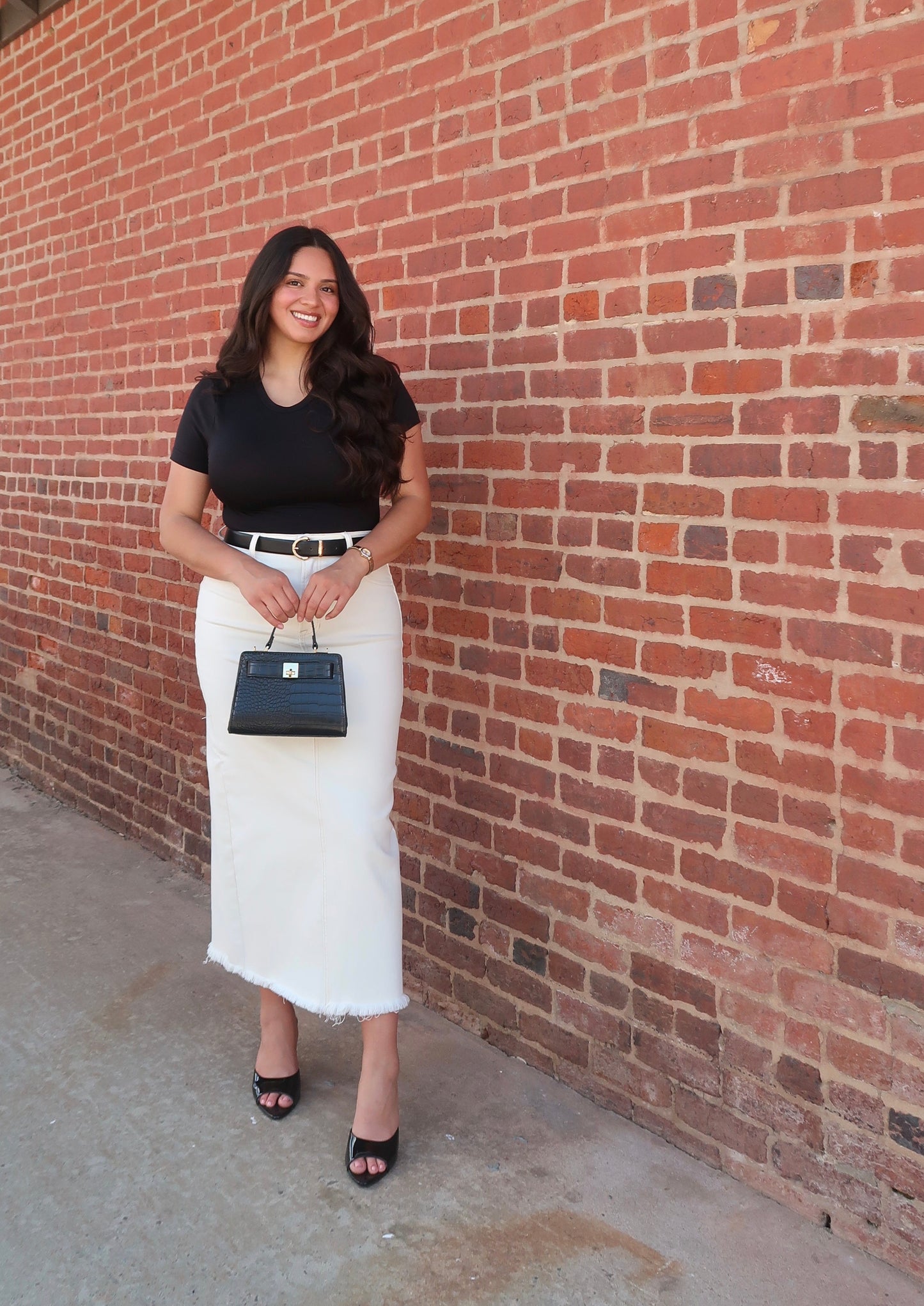 cream off white denim maxi skirt back slit hem