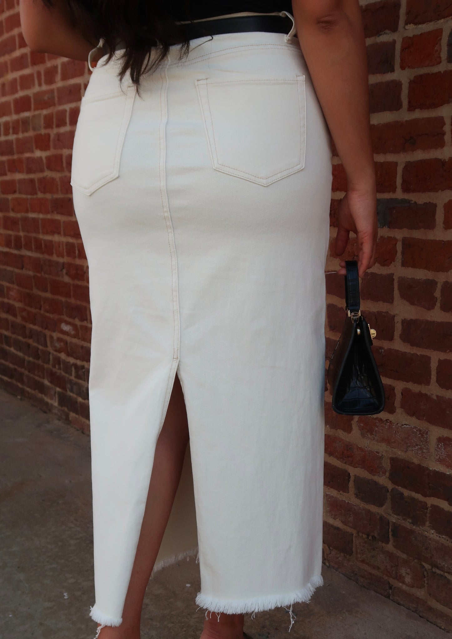 cream off white denim maxi skirt back slit hem