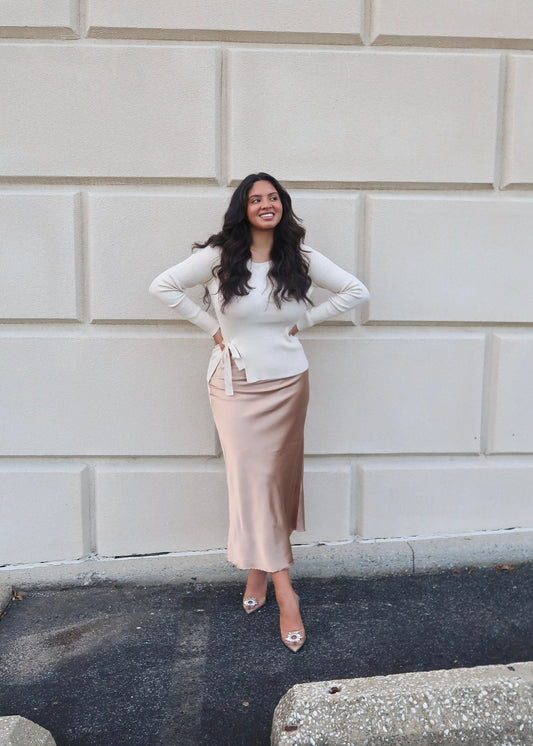 oatmeal ribbed long sleeve sweater blouse bow tie detail