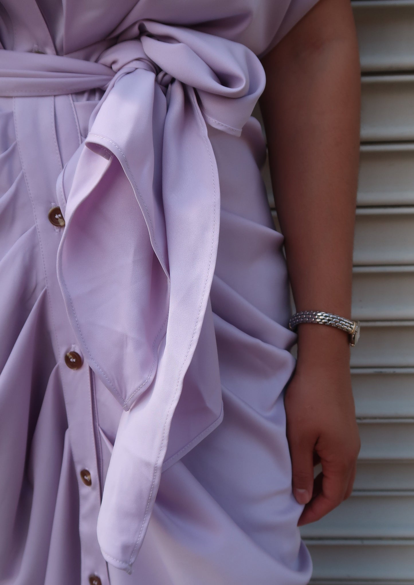 lavender lilac satin maxi dress button down short sleeve collar waist tie