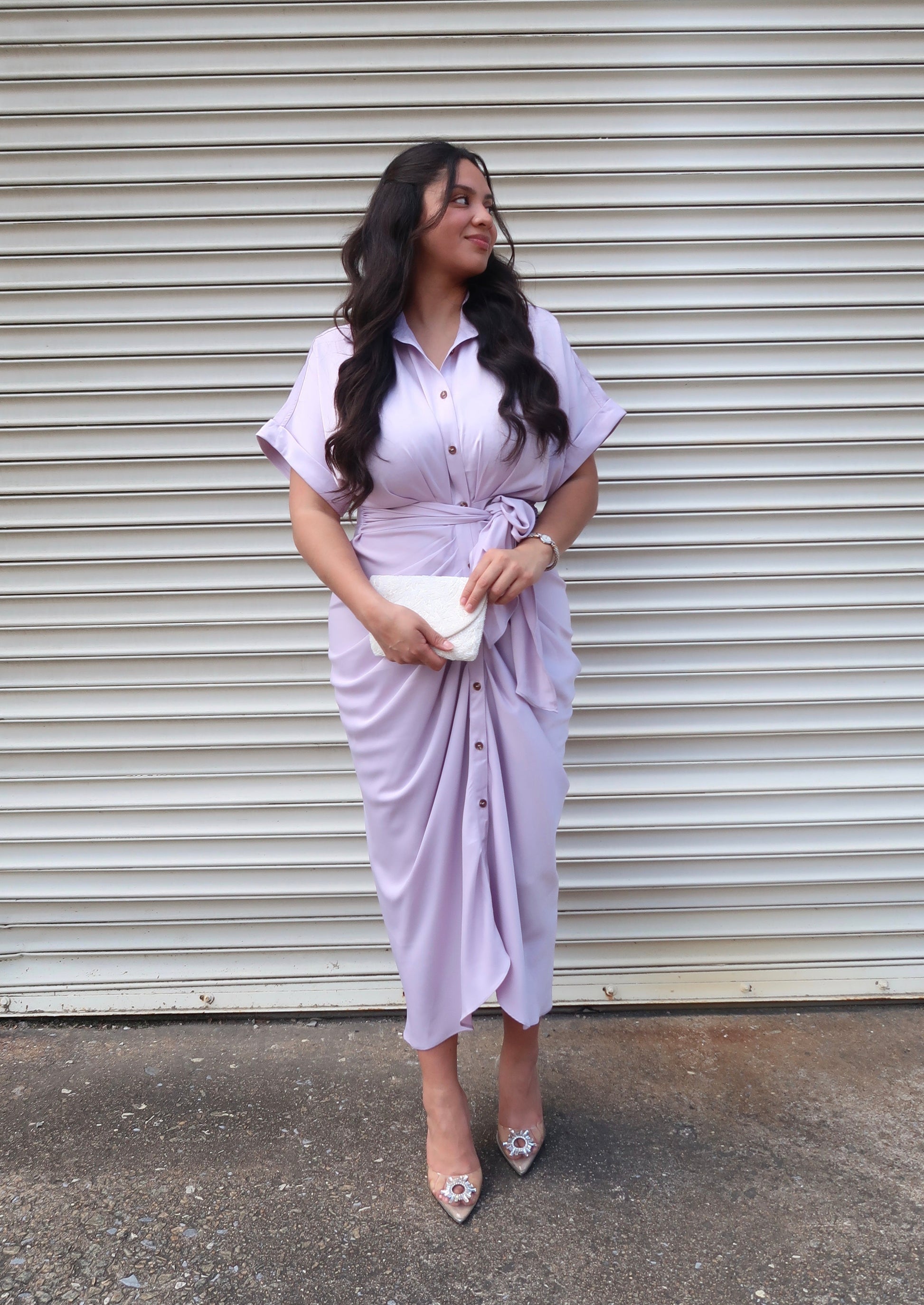 lavender lilac satin maxi dress button down short sleeve collar waist tie