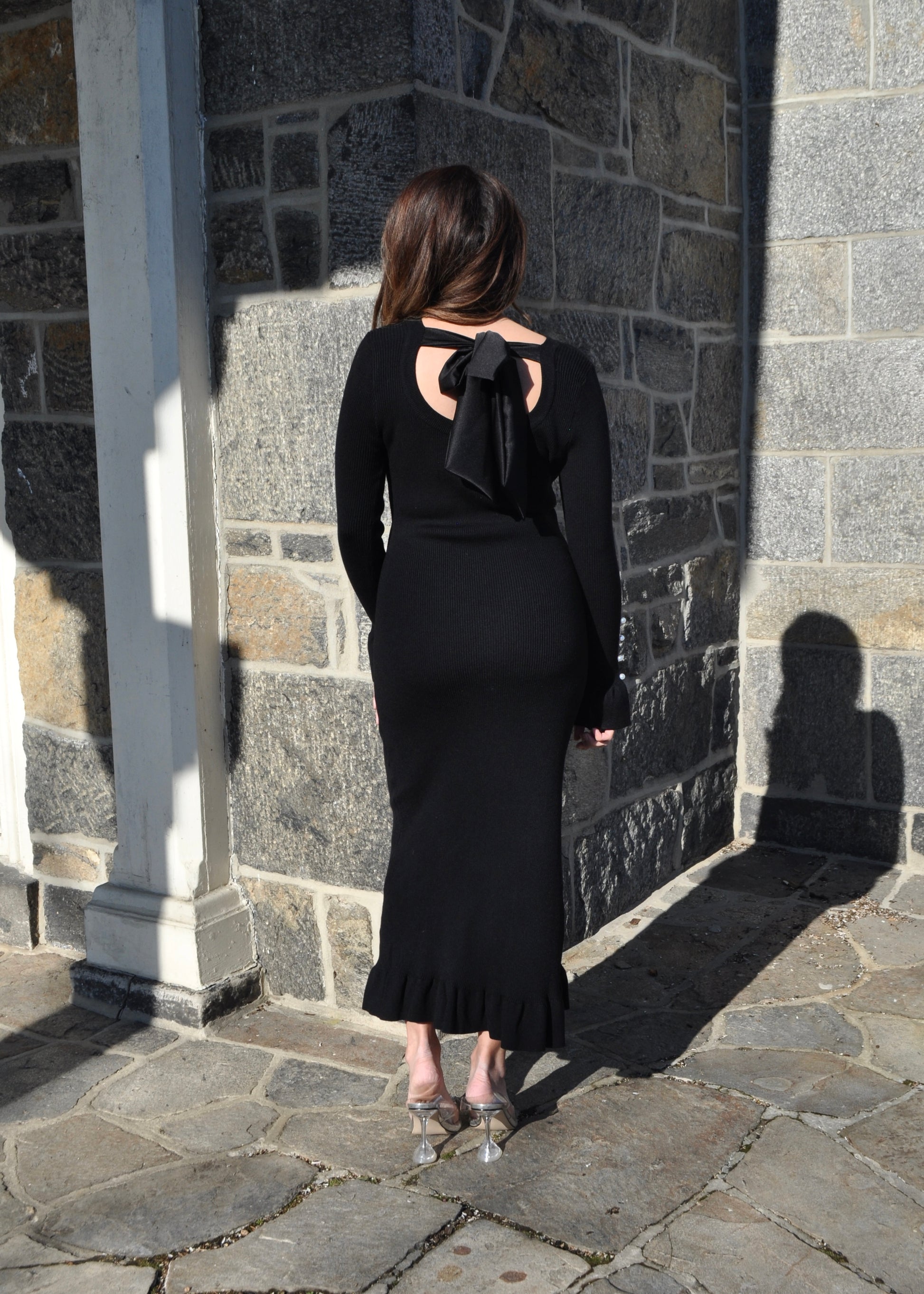 long sleeve ribbed maxi black dress