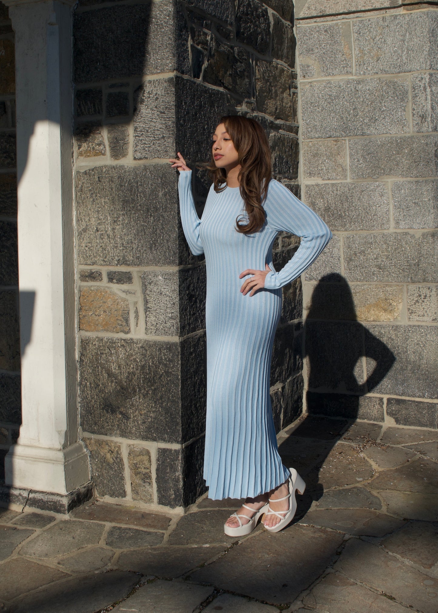 long sleeve ribbed maxi sky blue dress