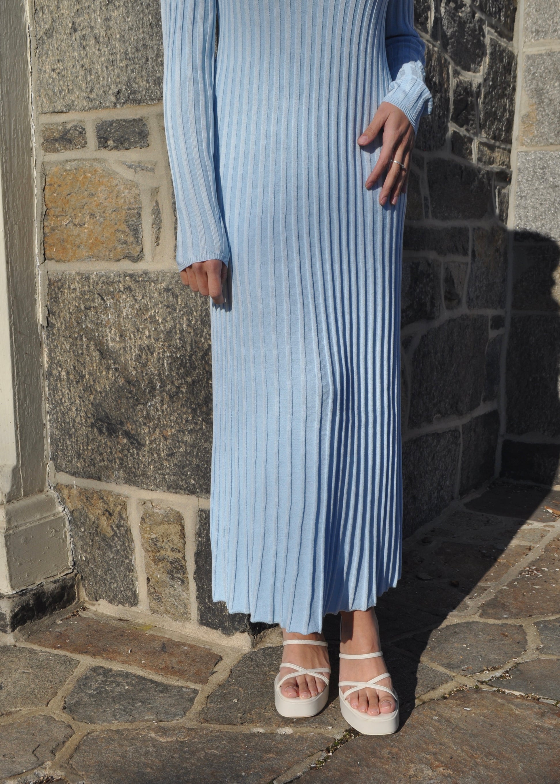 long sleeve ribbed maxi sky blue dress