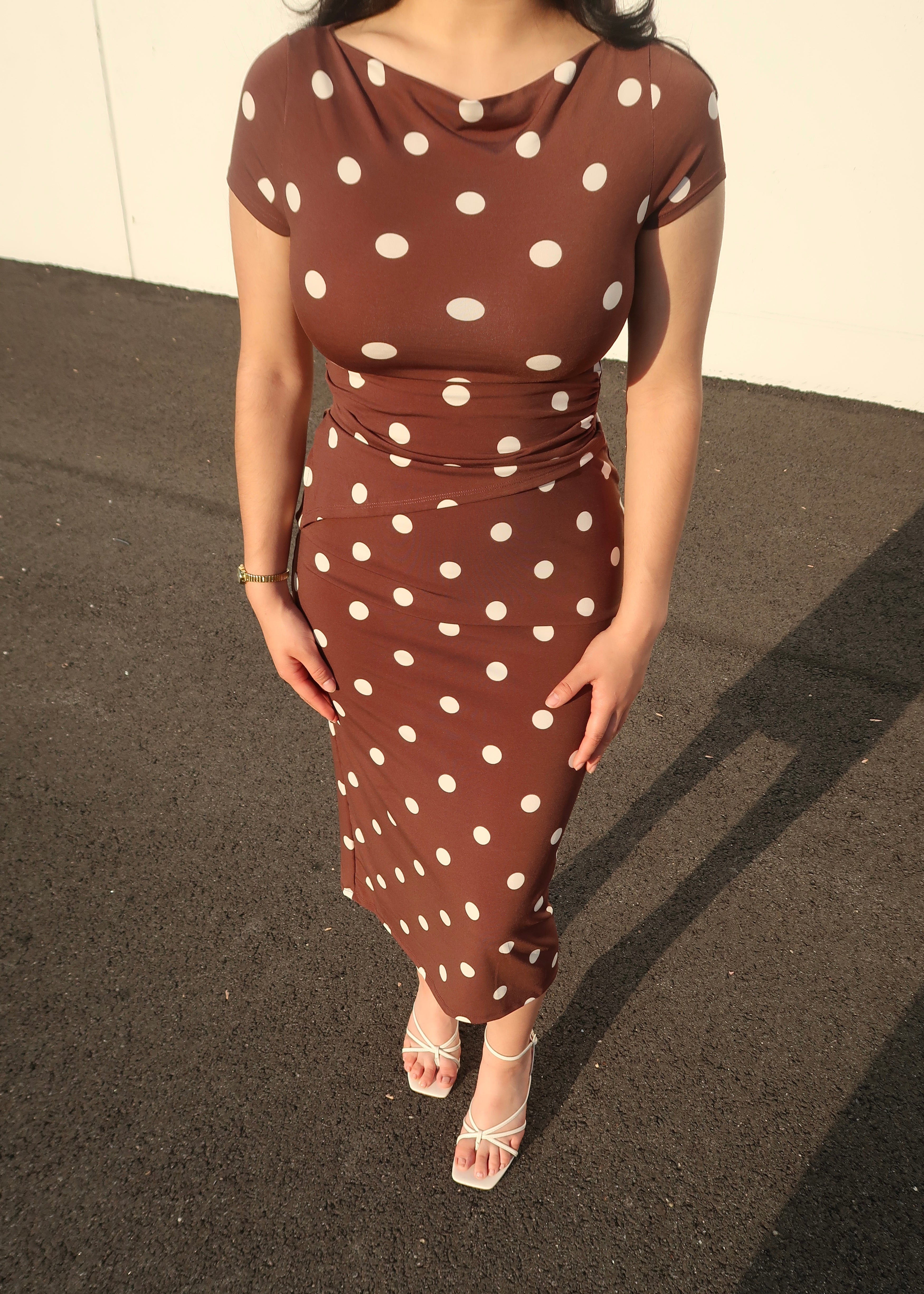 brown polka dot short sleeve asymmetrical top