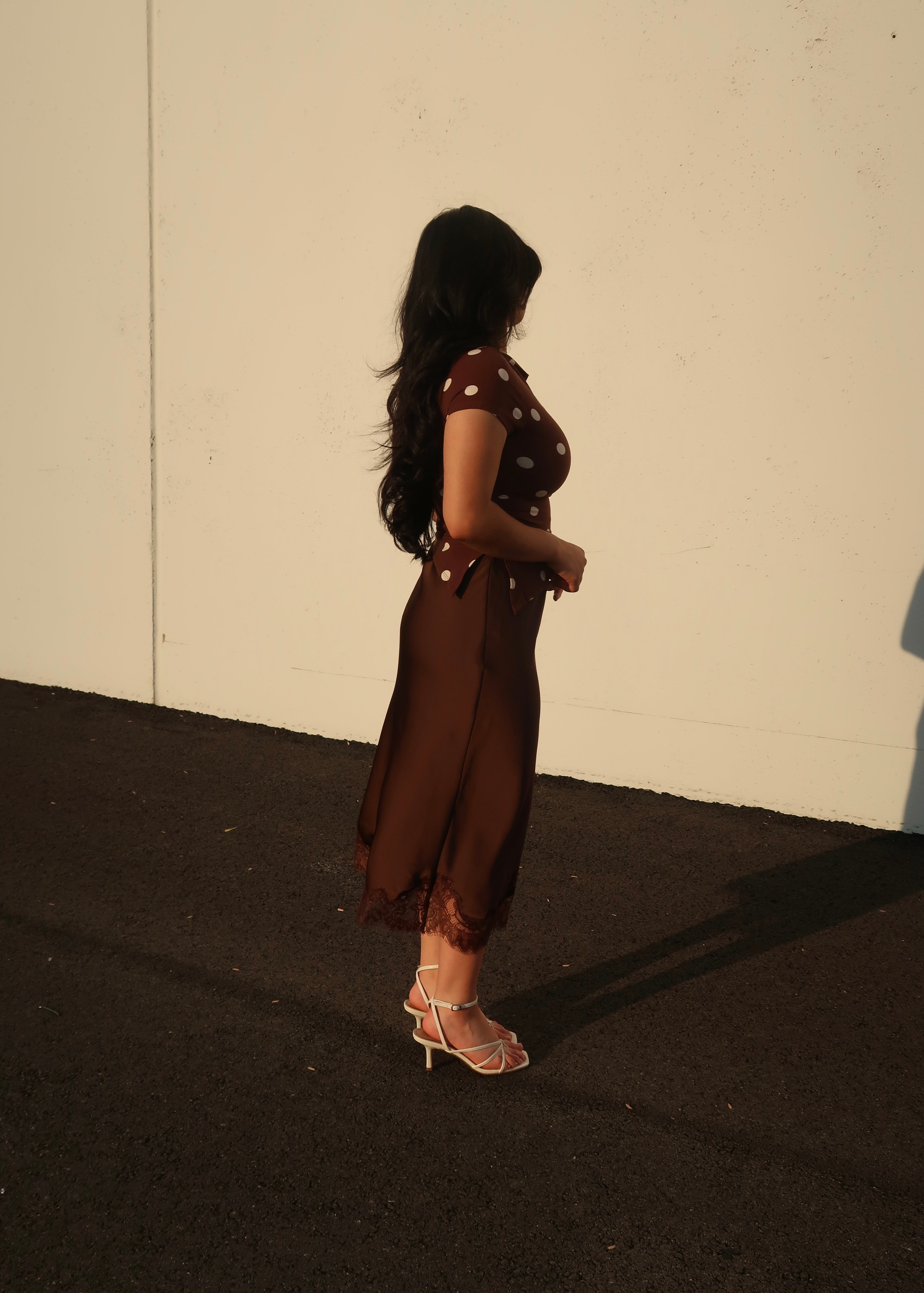brown polka dot short sleeve asymmetrical top