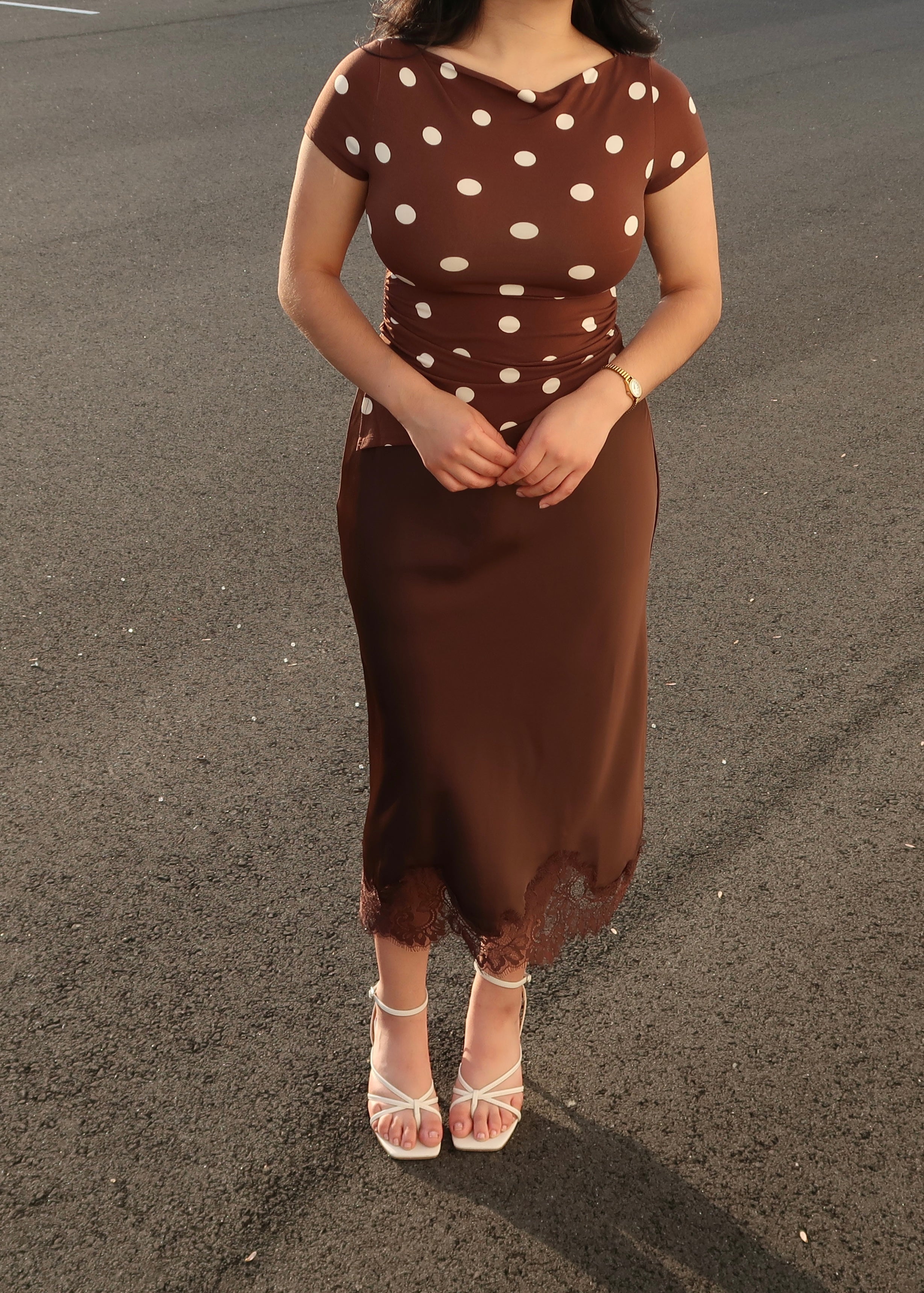 brown polka dot short sleeve asymmetrical top
