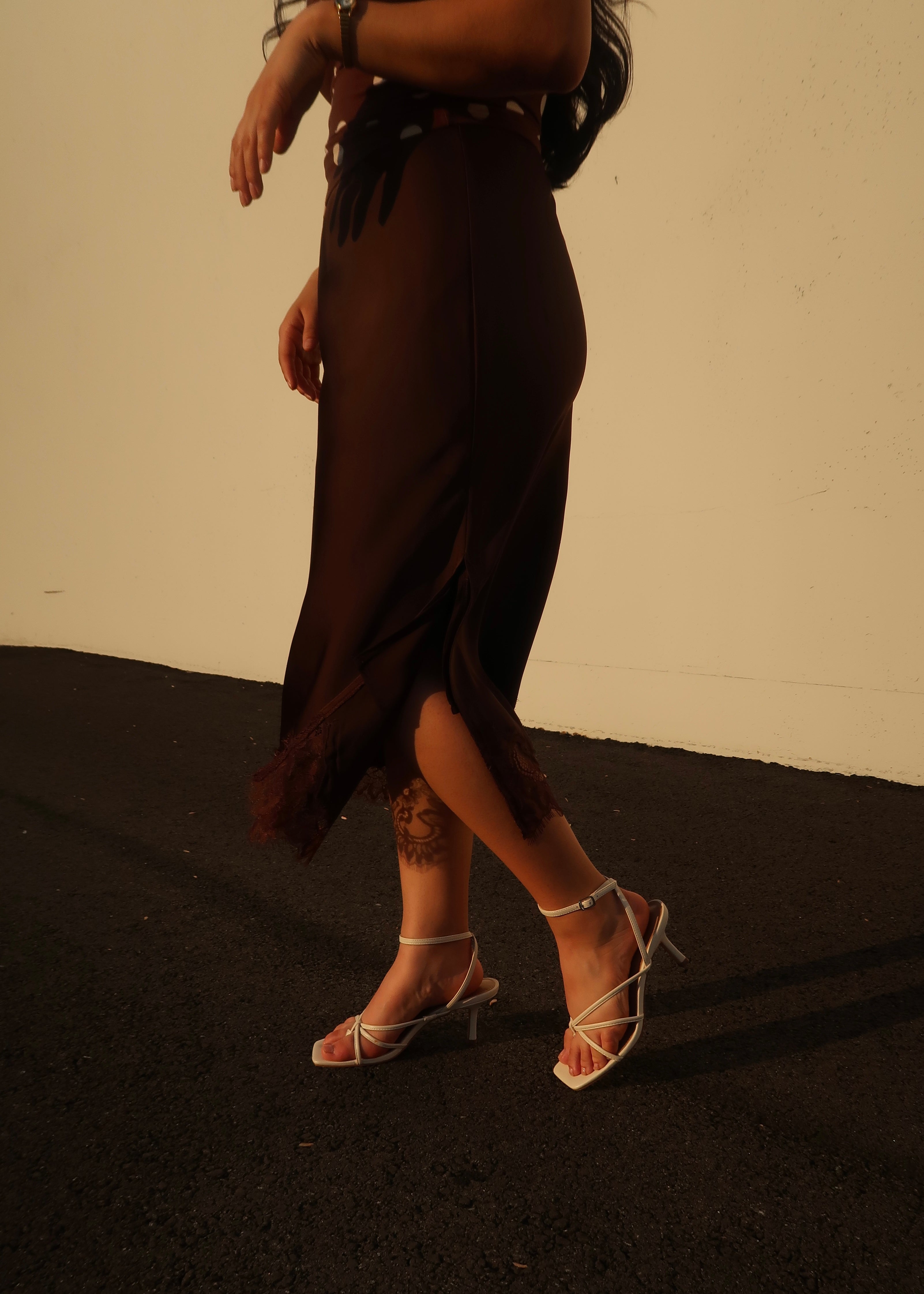 brown satin midi skirt, lace, slit