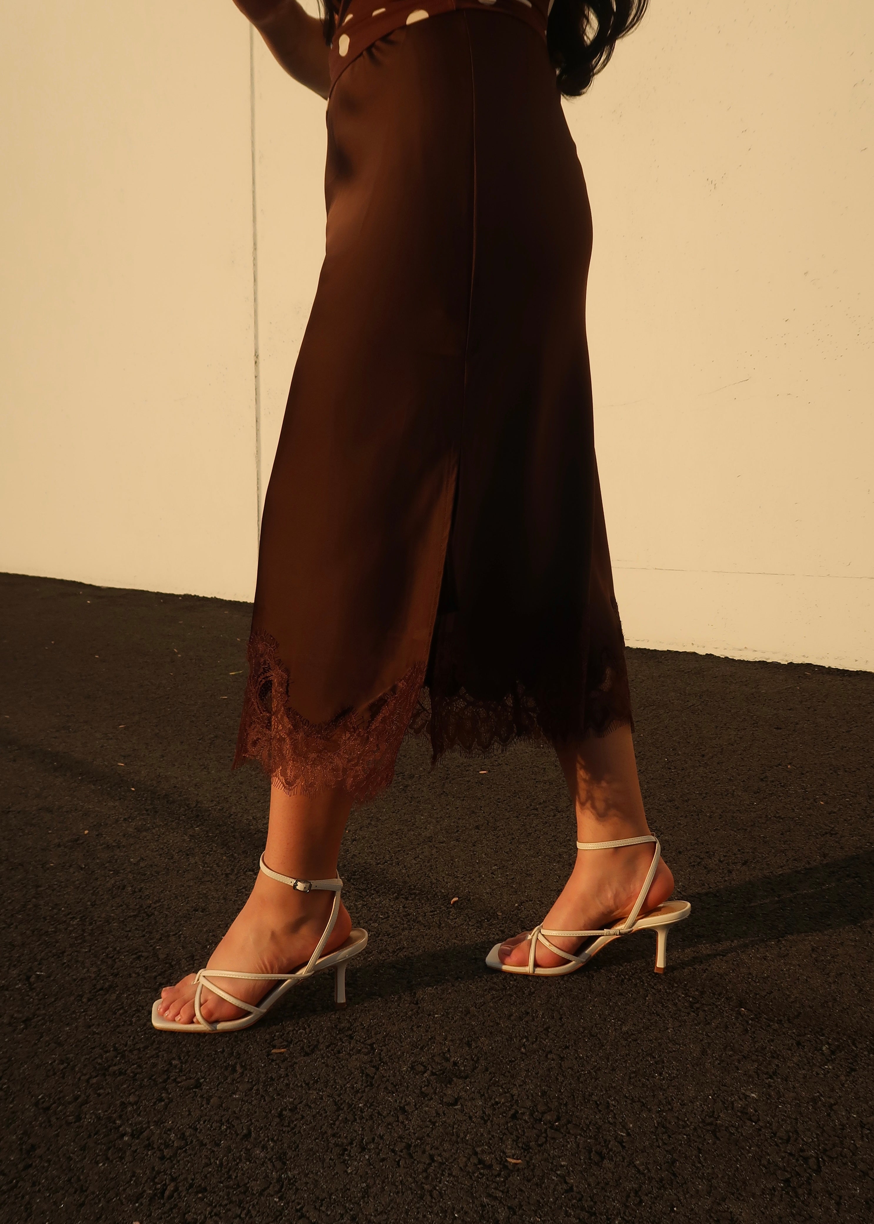 brown satin midi skirt, lace, slit