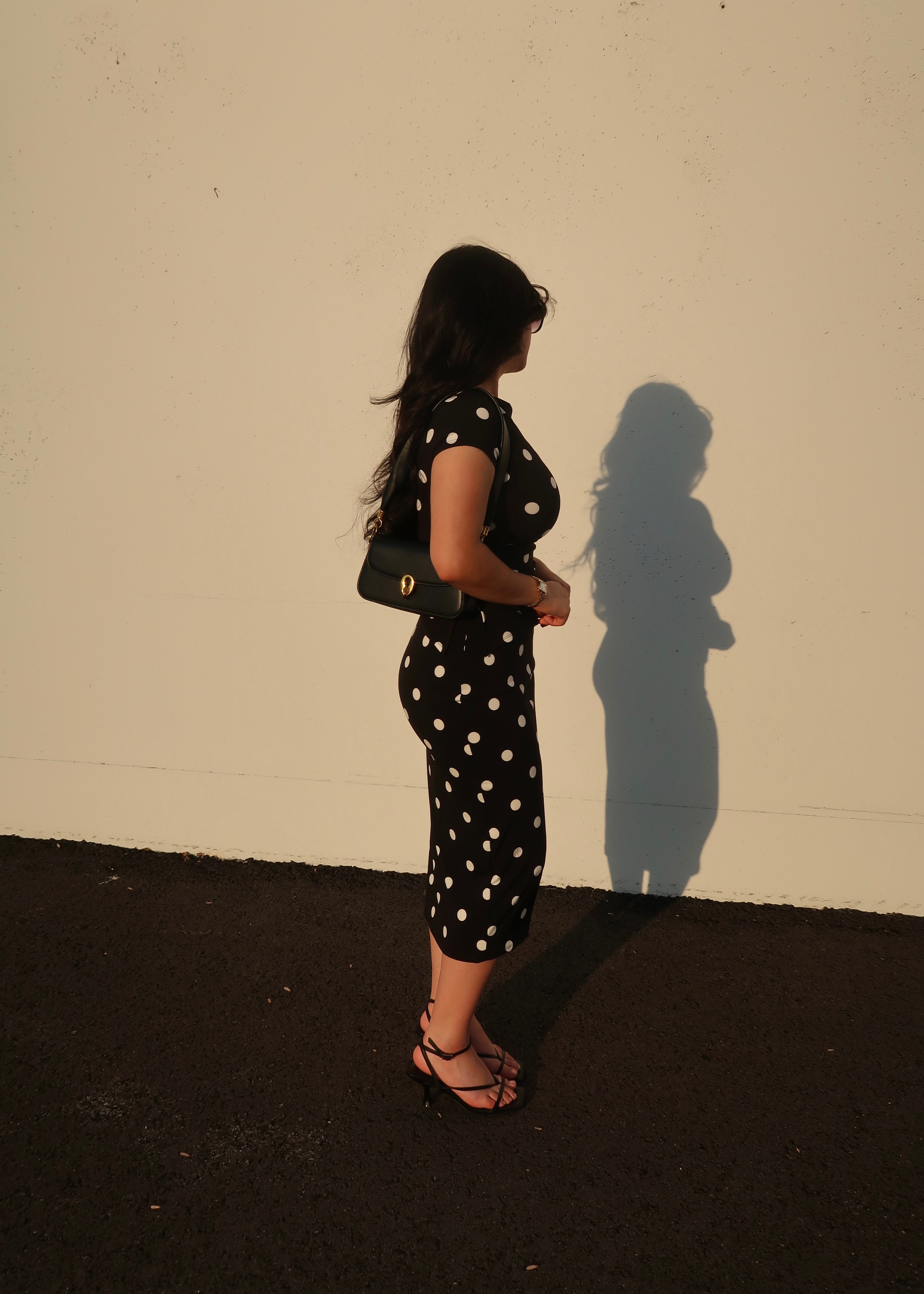 black polka dot midi skirt, no slits, 