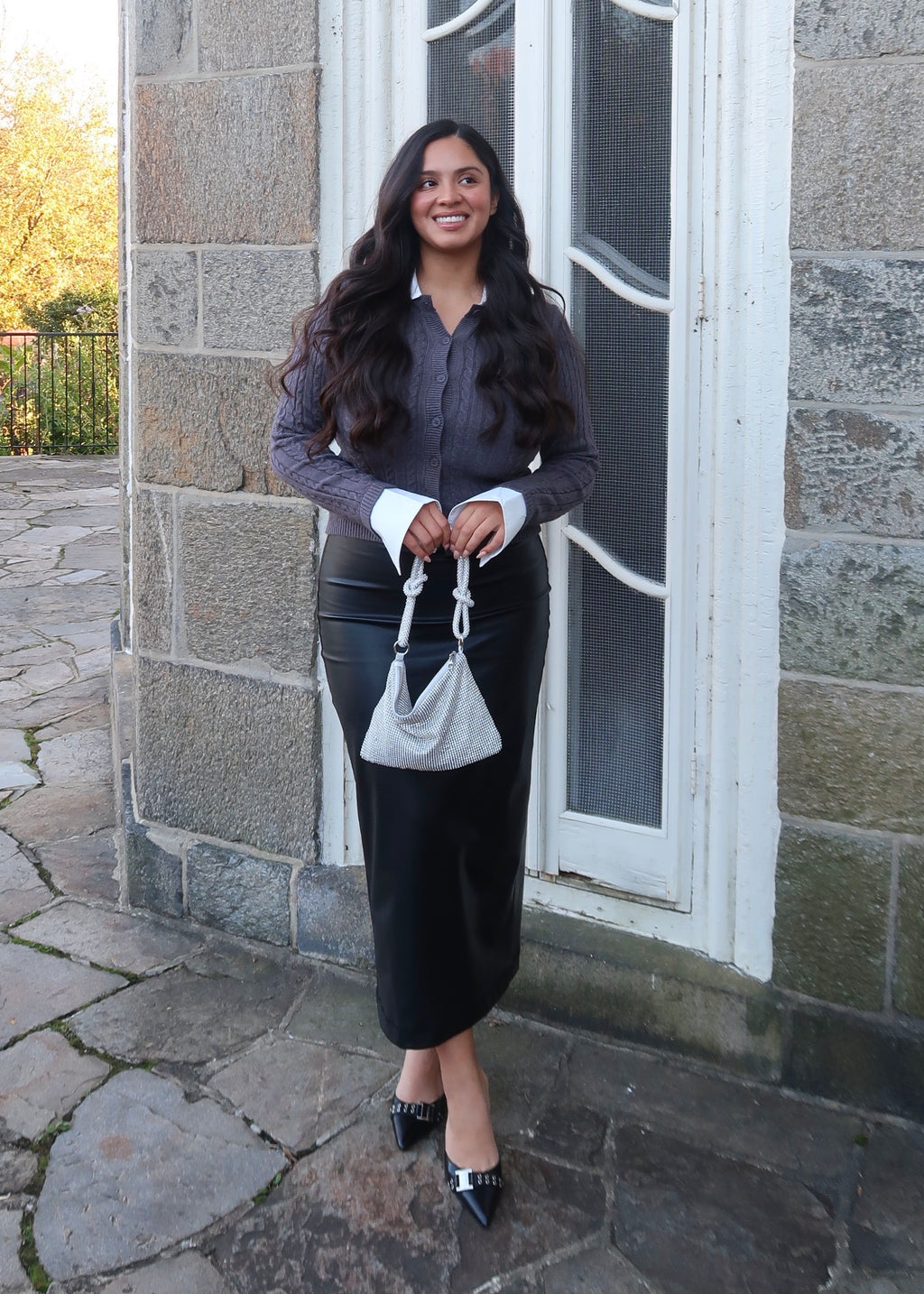 Grey cable knit cardigan sweater 