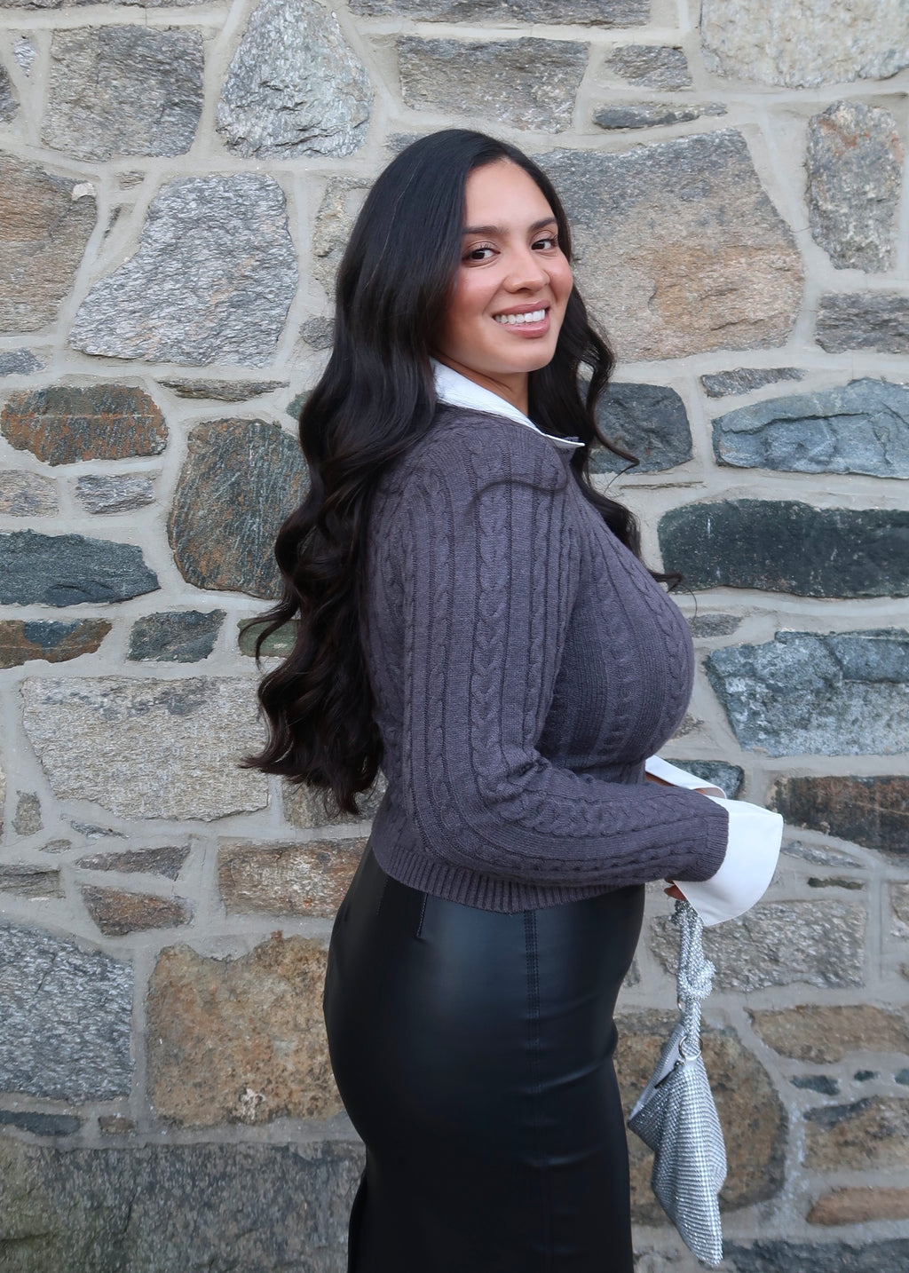 Grey cable knit cardigan sweater 