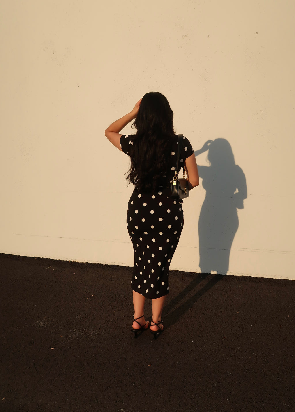black polka dot midi skirt, no slits, 