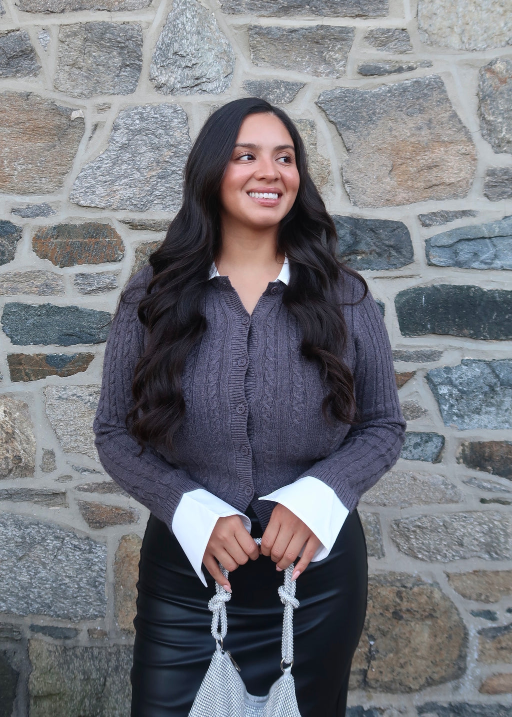 Grey cable knit cardigan sweater 