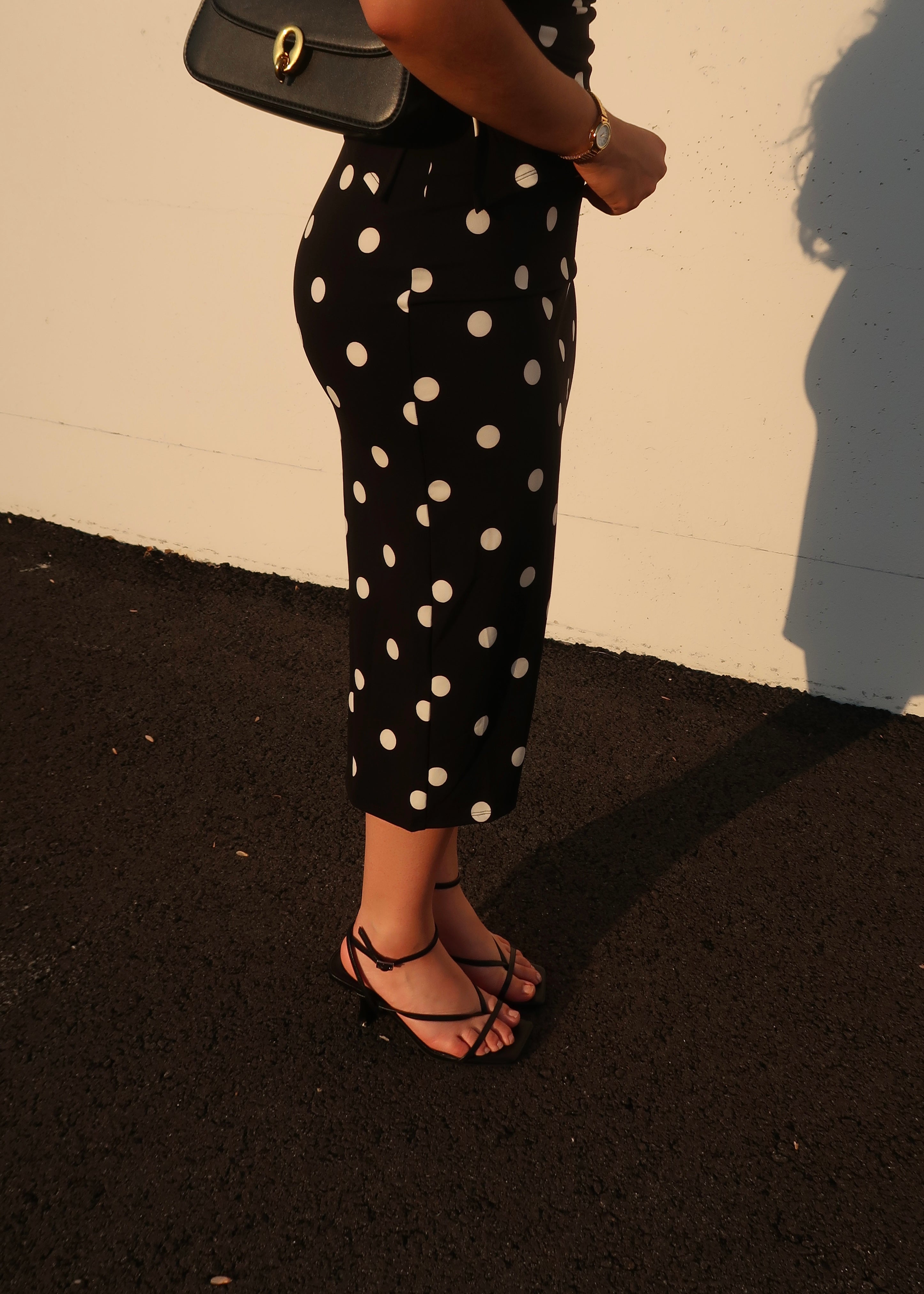 black polka dot midi skirt, no slits, 