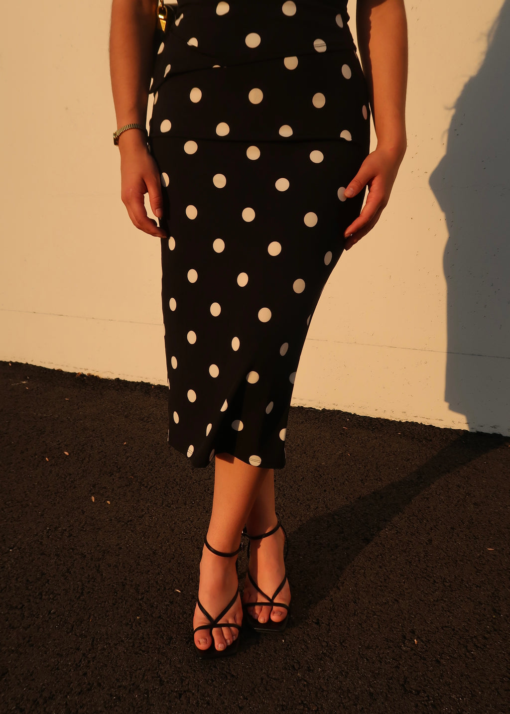 black polka dot midi skirt, no slits, 