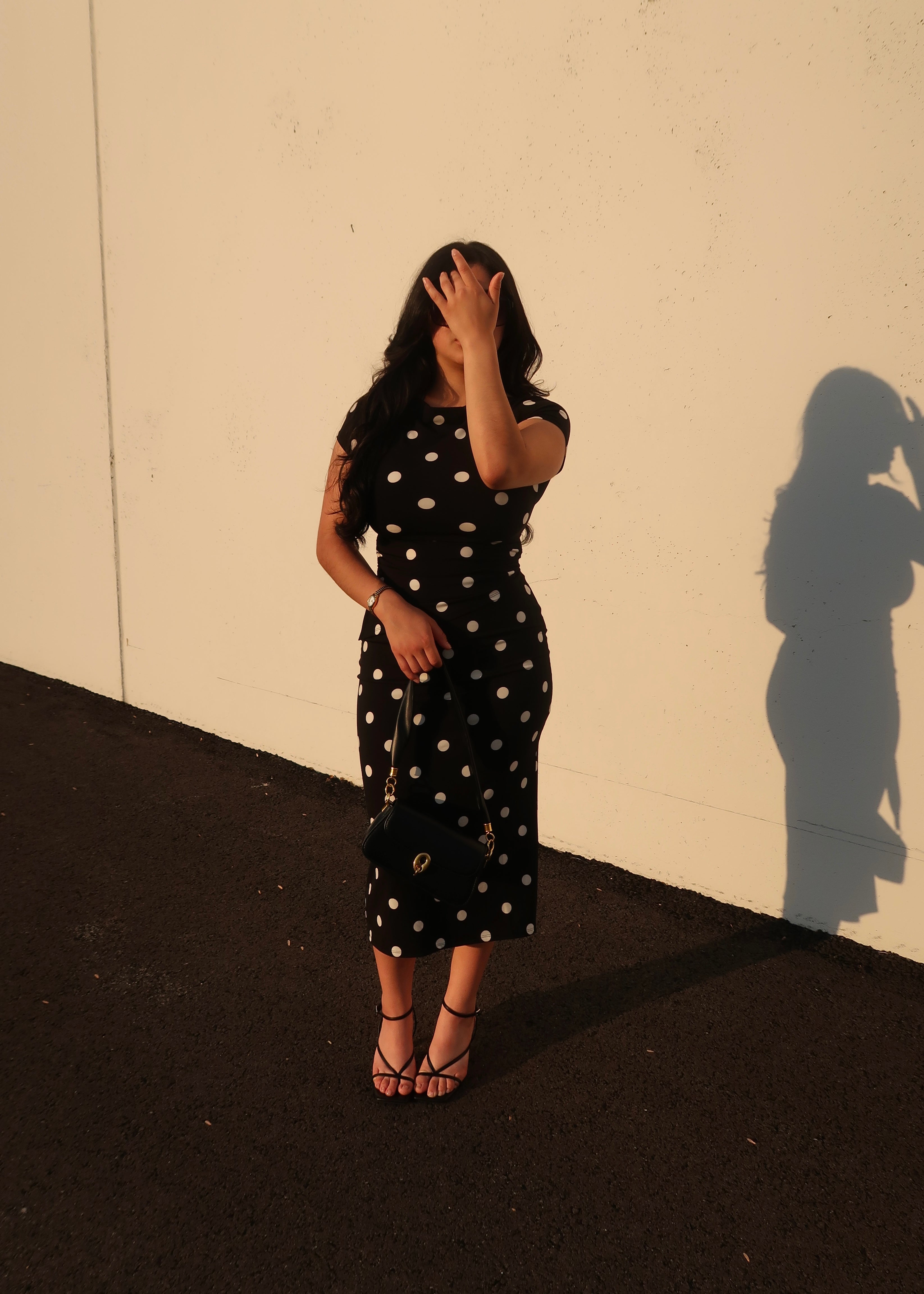 black polka dot midi skirt, no slits, 
