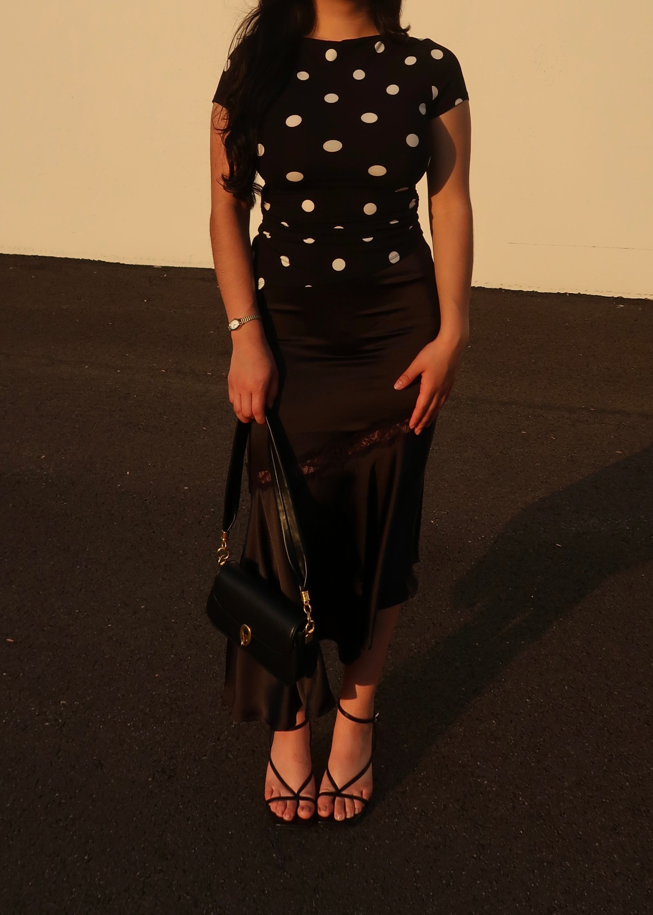 black satin asymmetrical midi skirt lace detail
