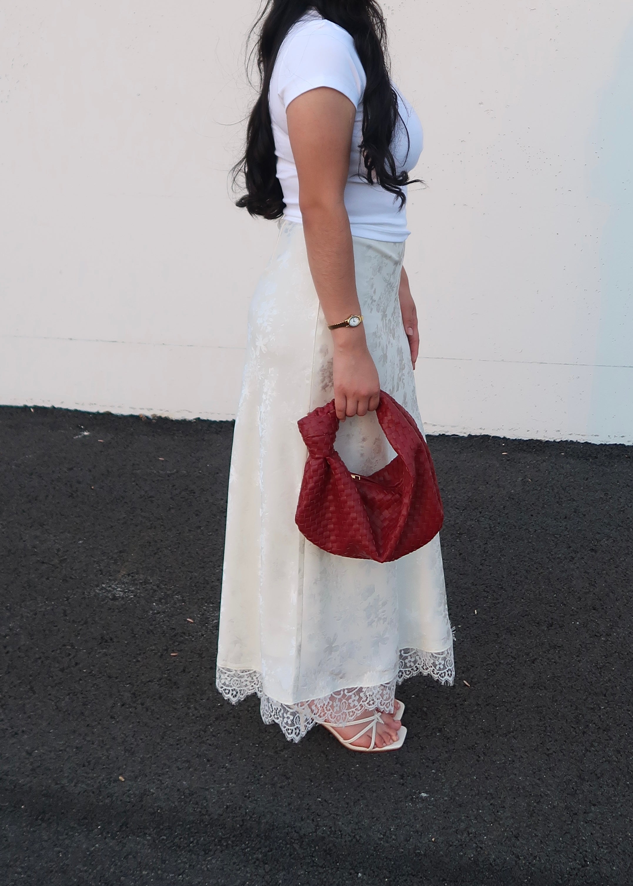 ivory jaquard floral lace trim skirt