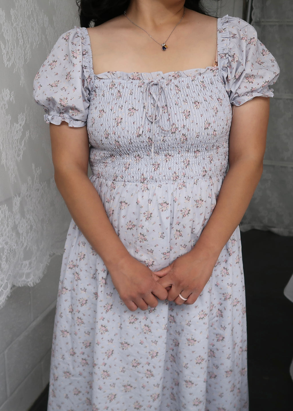 Light blue floral cotton dress, midi length, short sleeve, square neckline