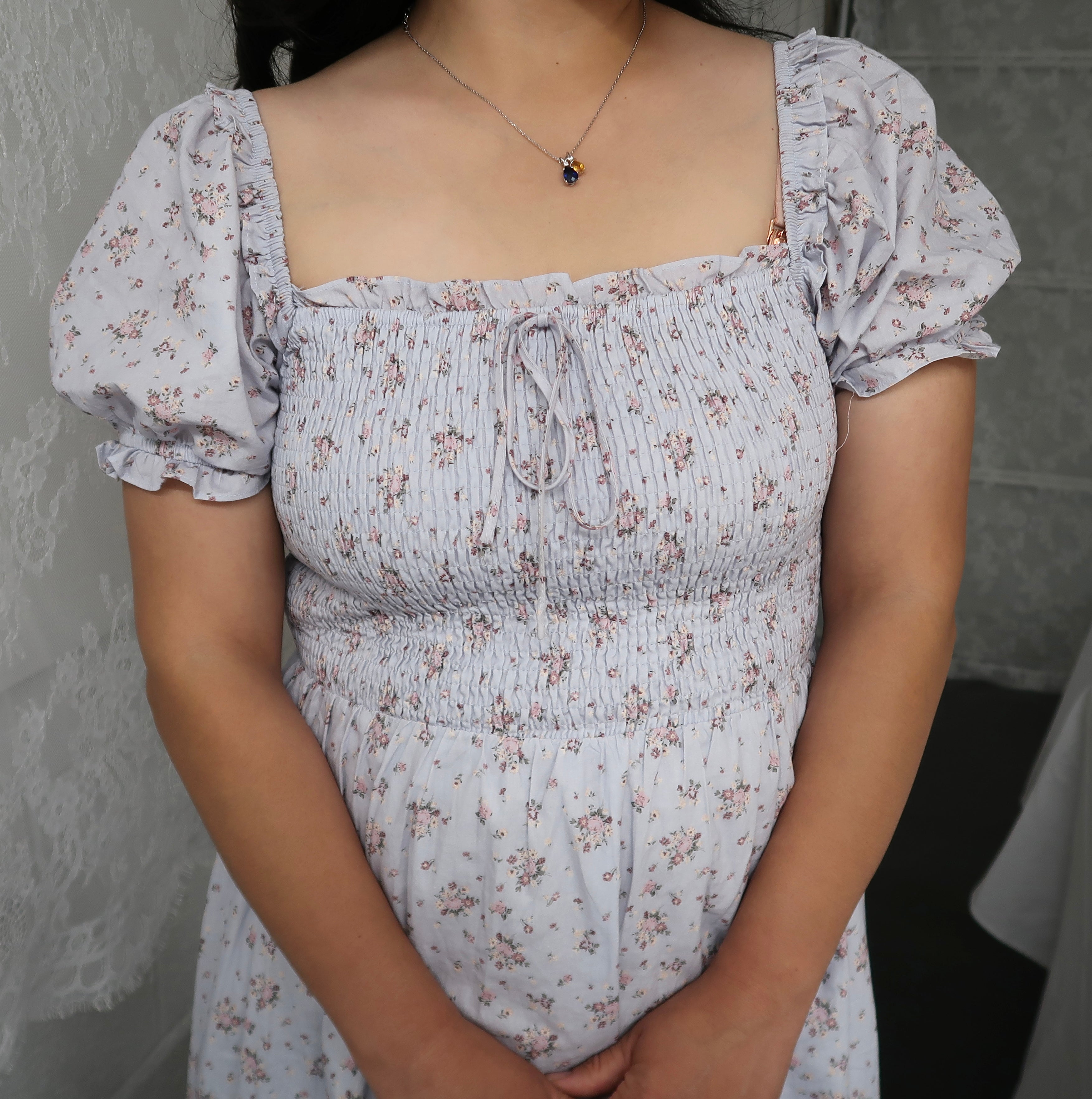 Light blue floral cotton dress, midi length, short sleeve, square neckline