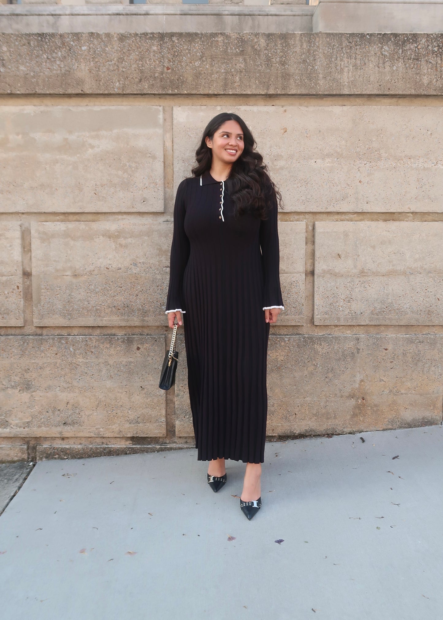 black maxi dress, collared, bell sleeves, button down, white