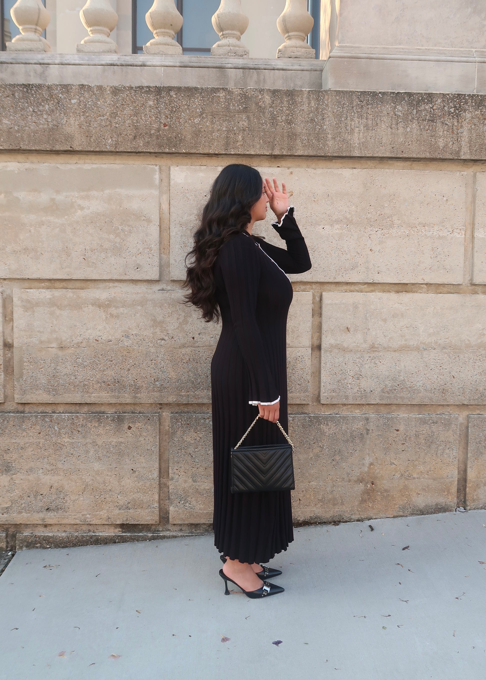 black maxi dress, collared, bell sleeves, button down, white