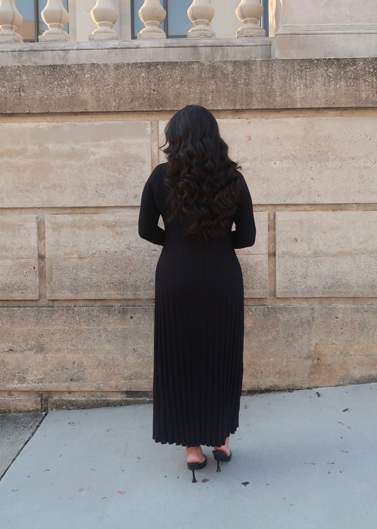 black maxi dress, collared, bell sleeves, button down, white