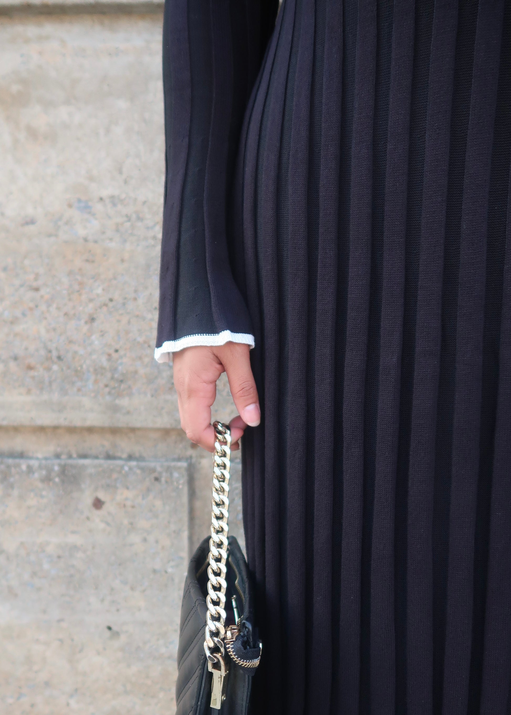 black maxi dress, collared, bell sleeves, button down, white