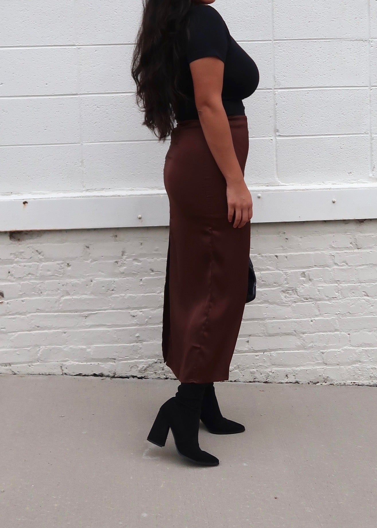 brown midi skirt, high slit, satin