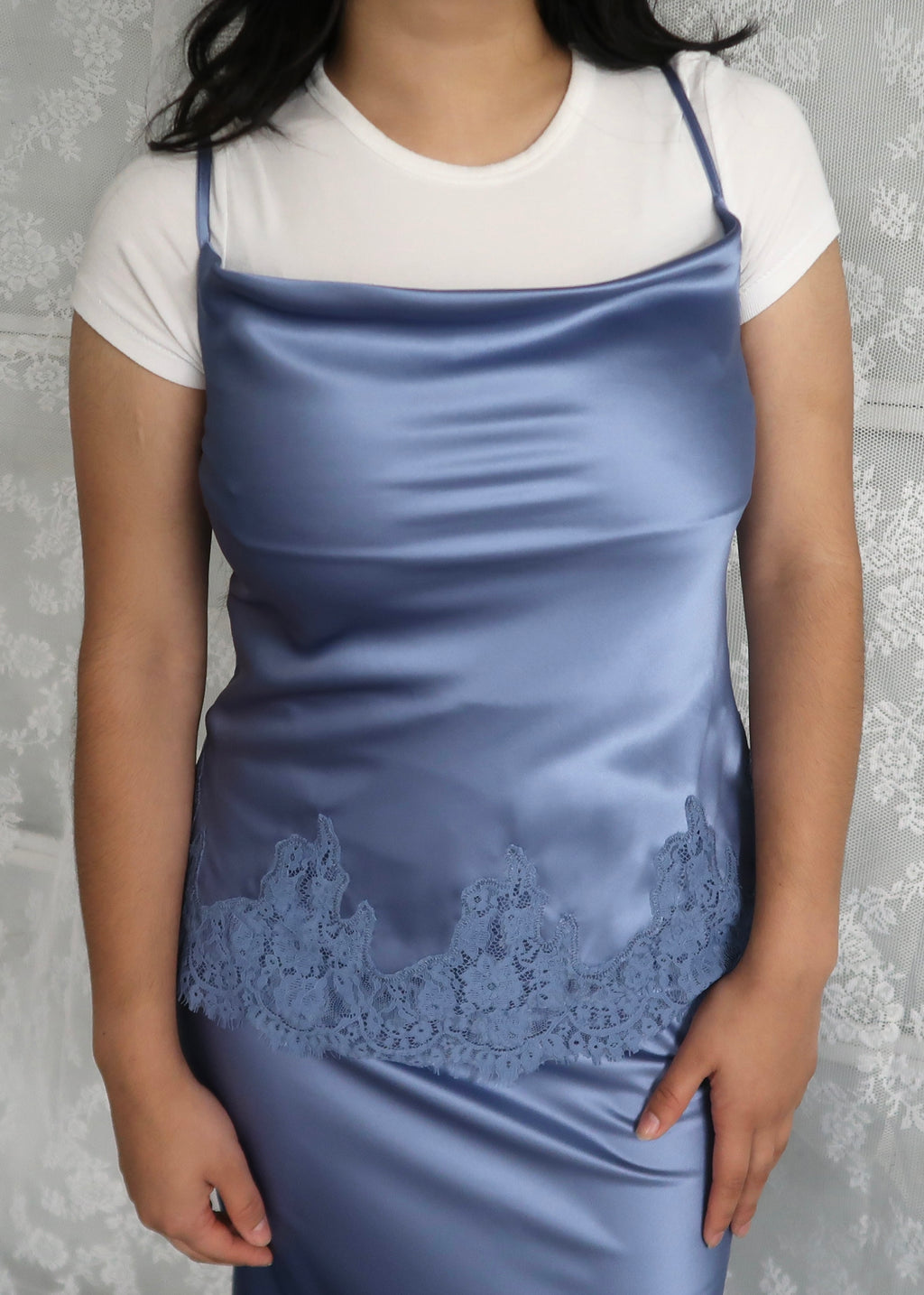 slate blue spaghetti strap top, lace trim, cowl neckline