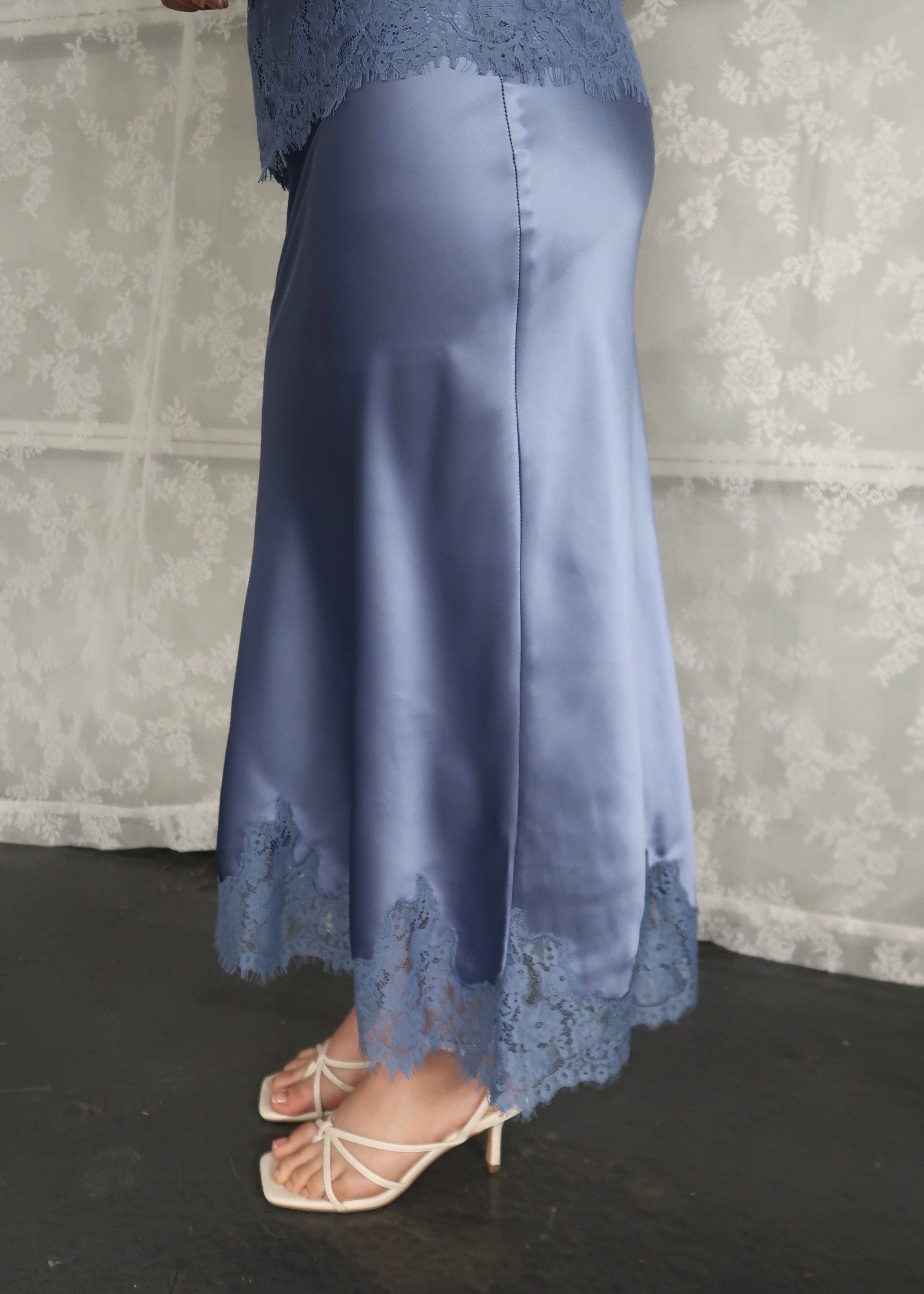 slate blue midi satin skirt, lace trim