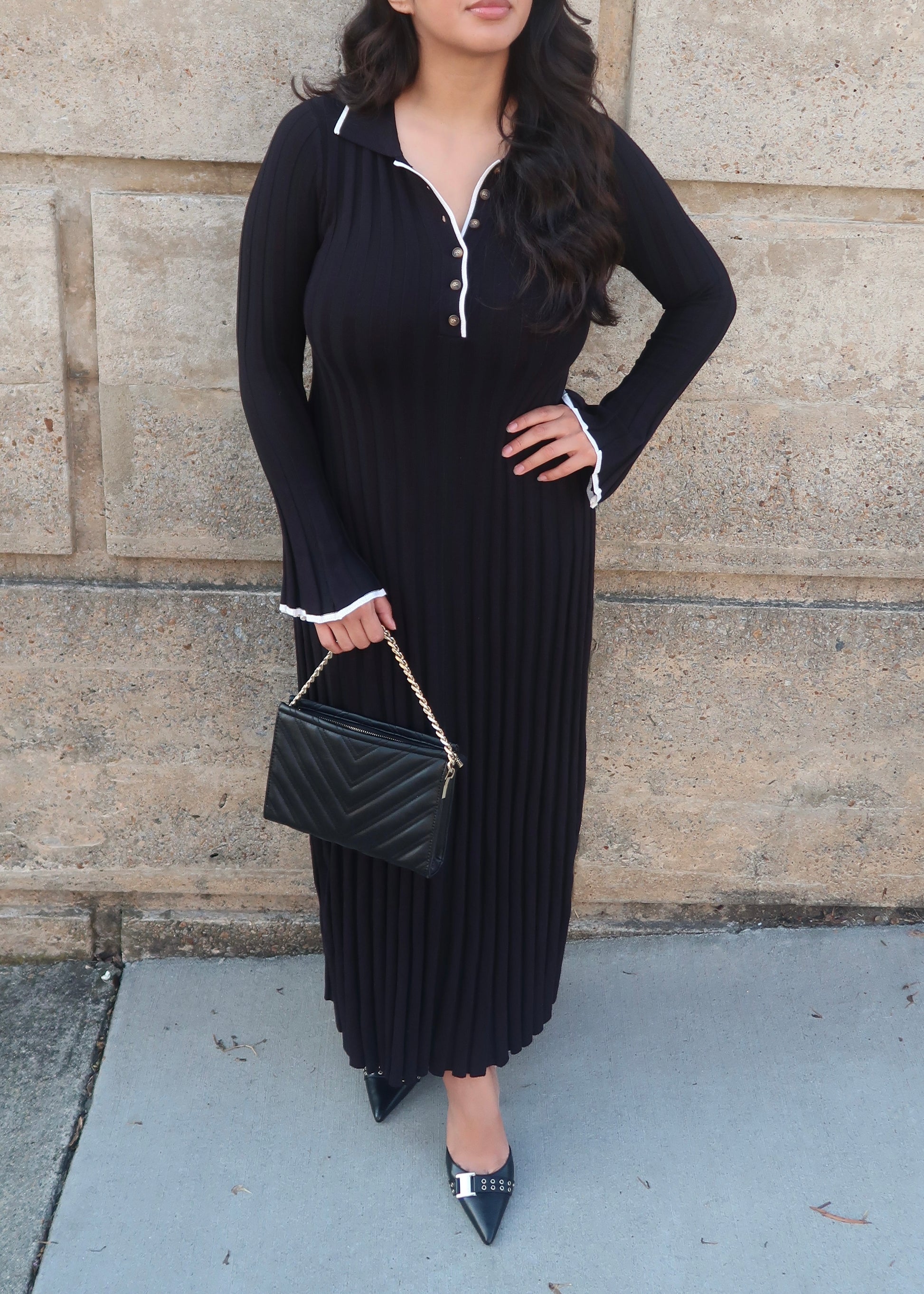 black maxi dress, collared, bell sleeves, button down, white